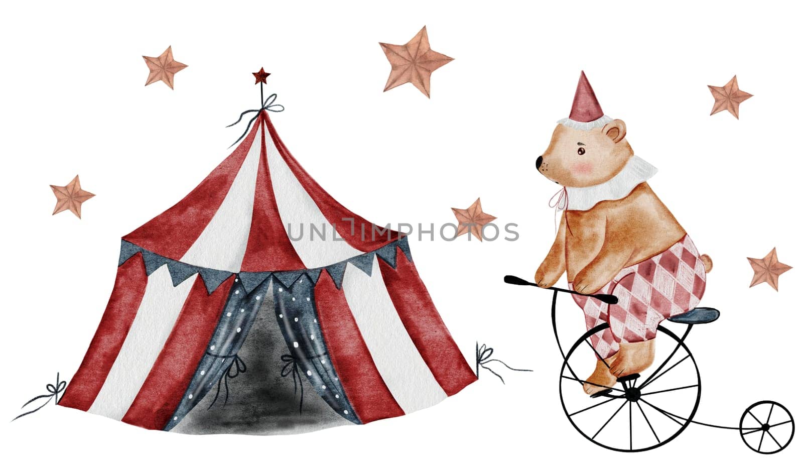 Circus cartoon watercolor. Hand drawn set of circus tent, bear on bicycle and stars. Clip art cute kawaii illustrations. Ideal for postcard design and baby shower decoration. High quality illustration