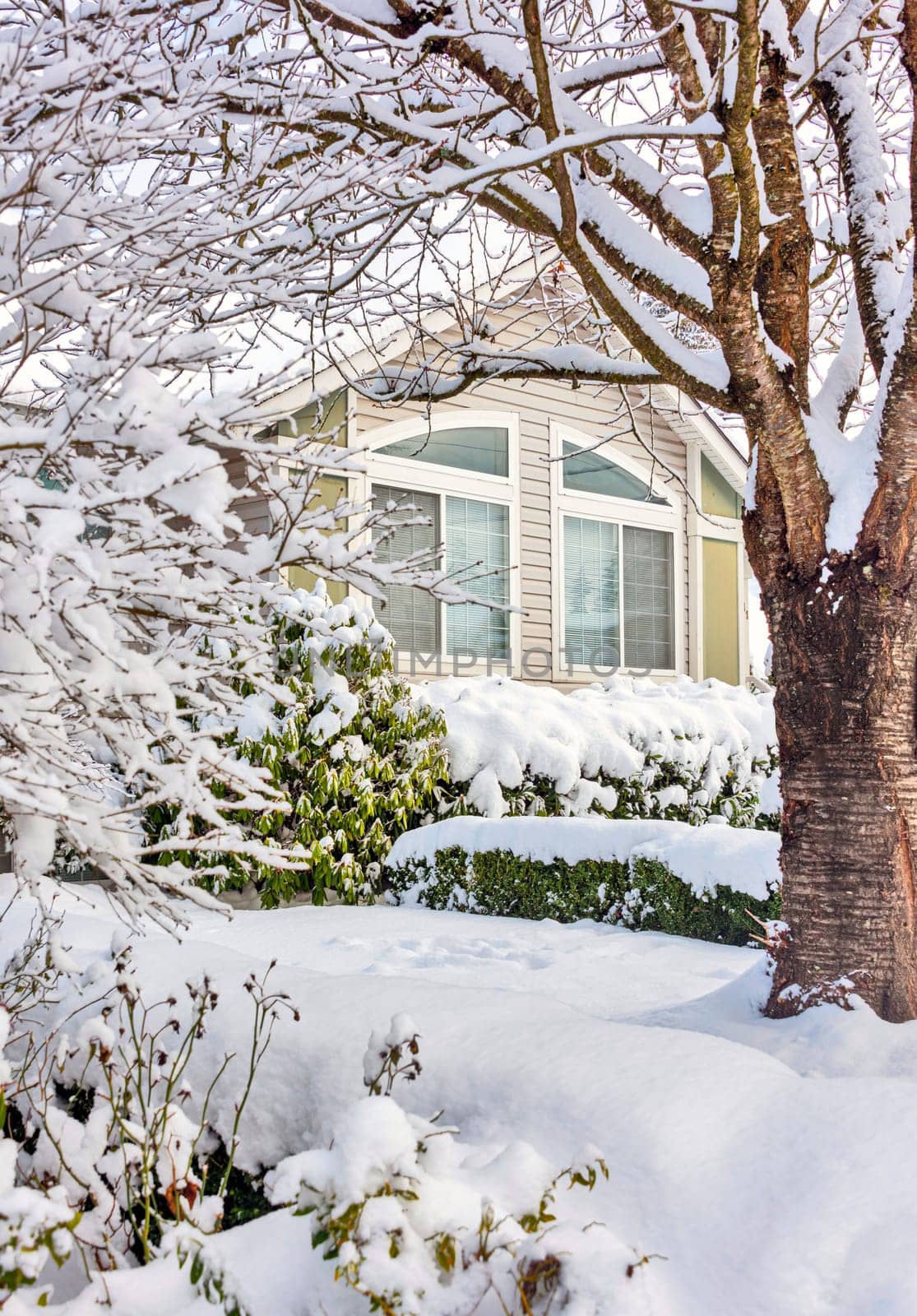 Residential house window on bright winter day. Nice residential house in snow.