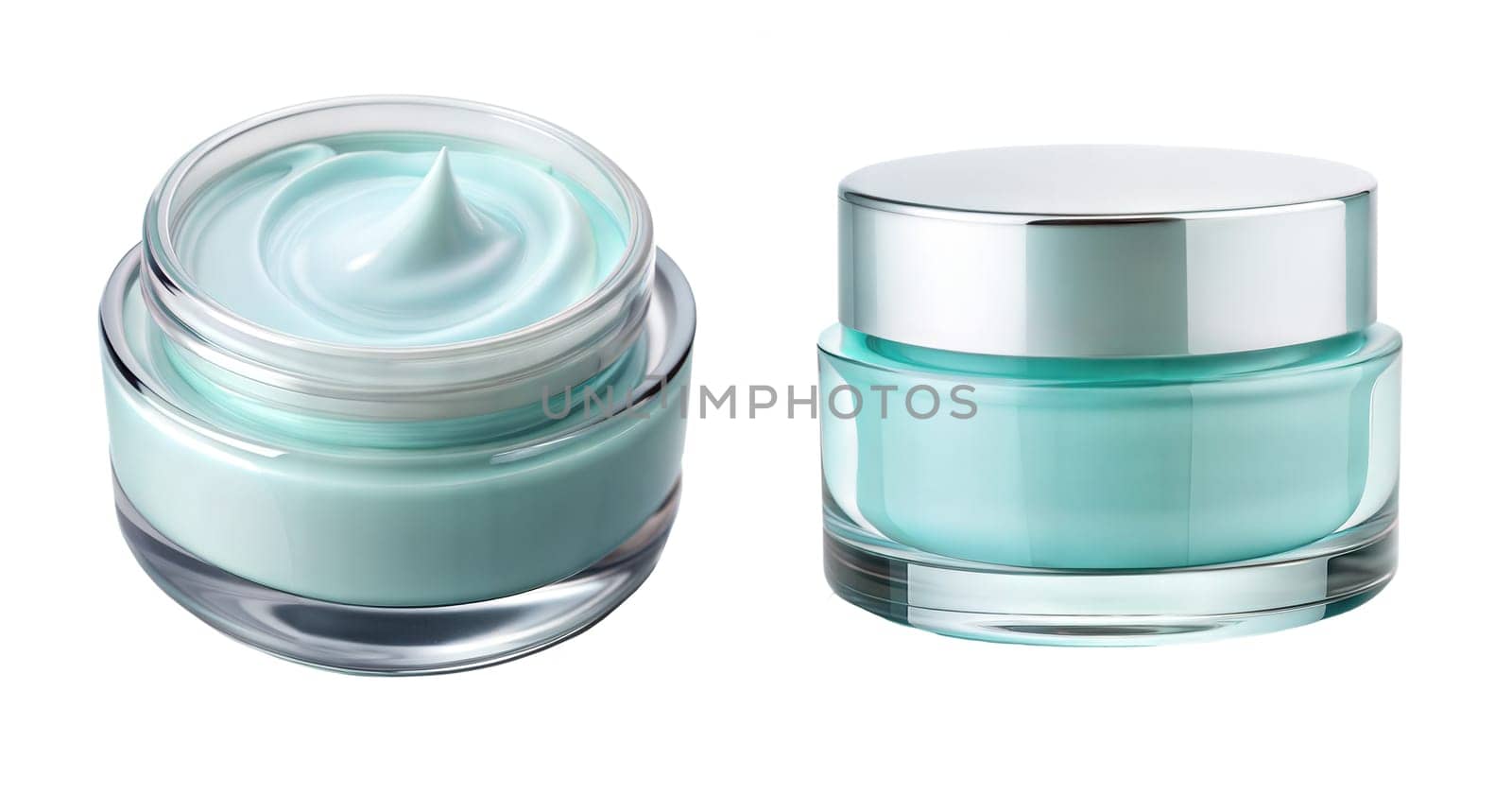 Glass jar of blue face cream with silver lid. Blue facial cream containers isolated on white background. Ai generated image