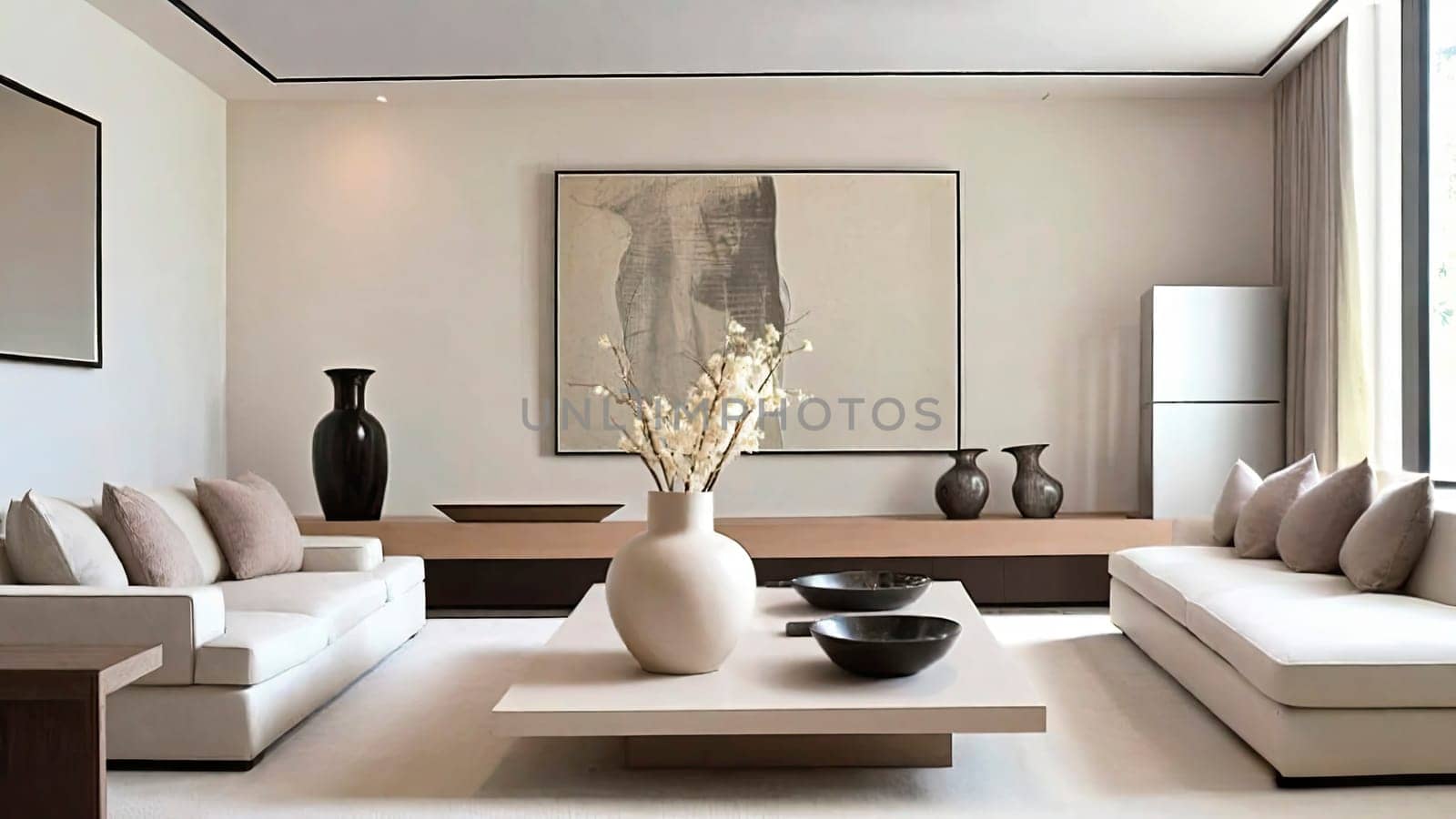 Beige luxury sofa and fine decorative elements.Minimalist modern living room interior design.Resource for designers and interior decorating magazines.