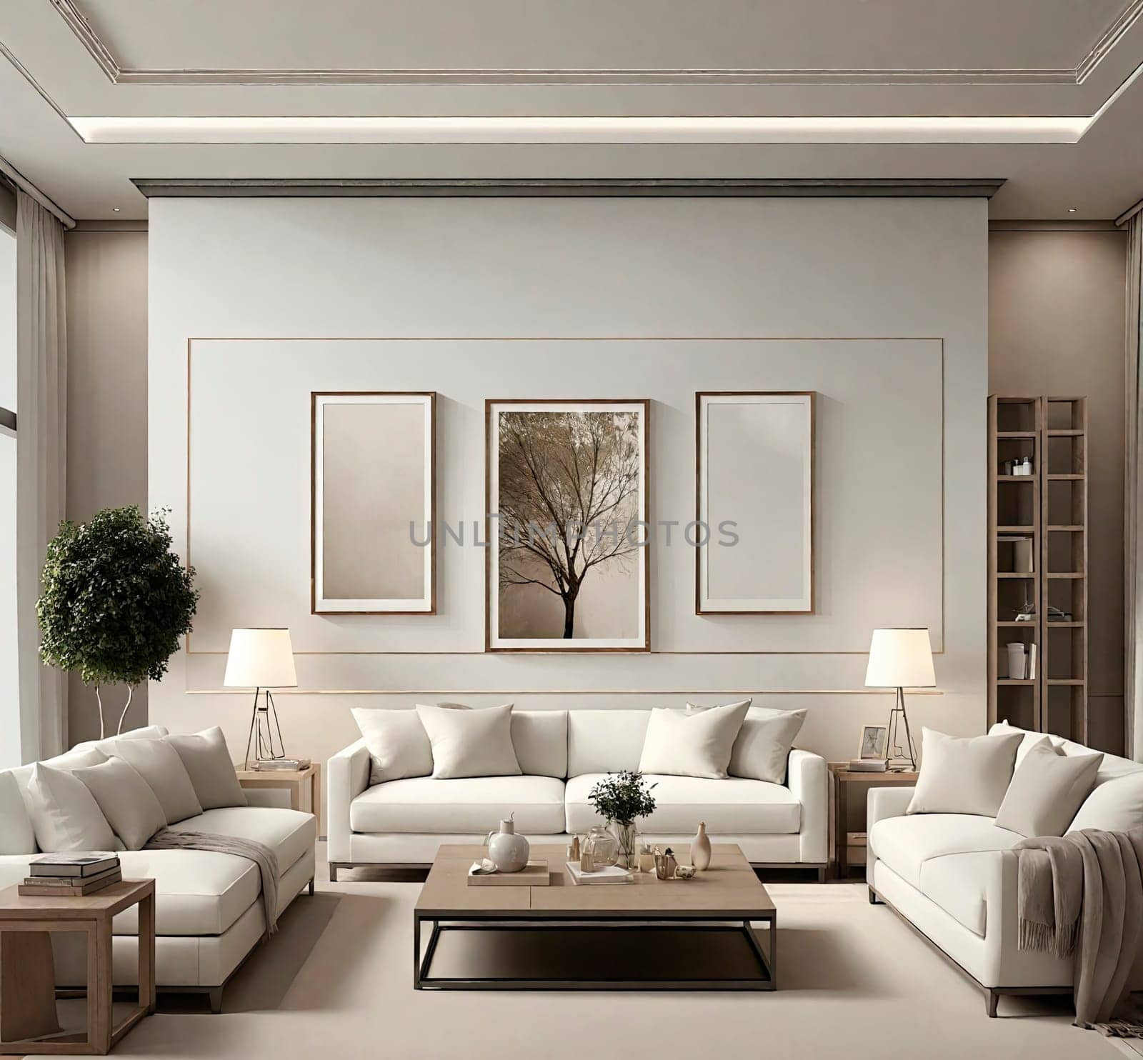 White wall with abstract paintings and frames.Spacious minimalist modern living room.Resource for designers and interior decorating magazines.