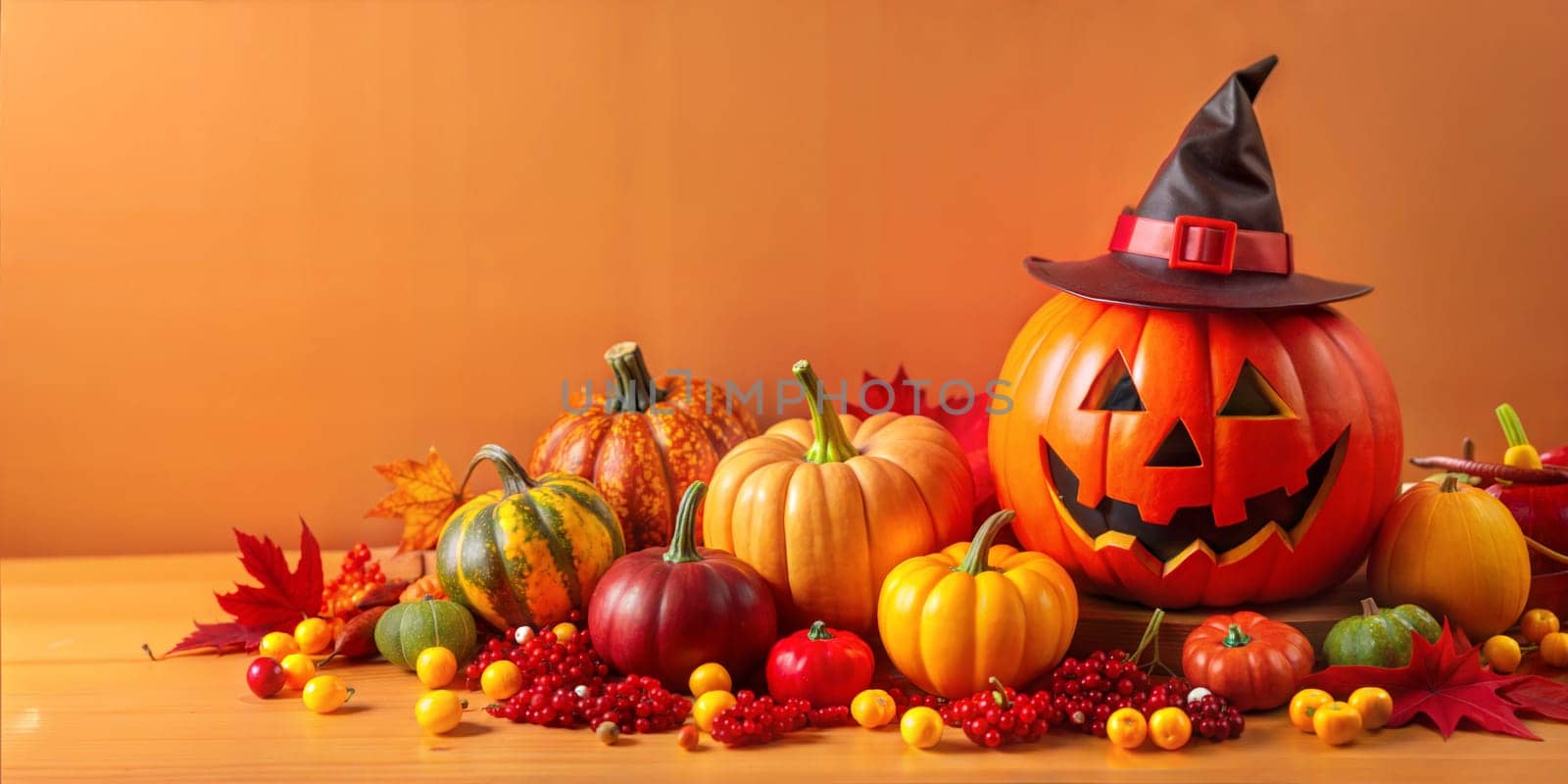 Halloween event orange background with pumpkins. Illustration for banners, posters, greetings and Halloween celebrations. Ai generated image
