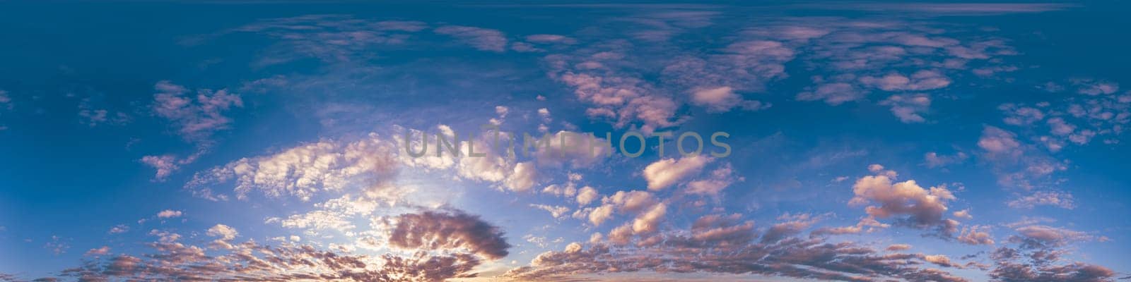 Bright sunset sky panorama with Cirrus clouds. Seamless hdr spherical equirectangular 360 panorama. Sky dome or zenith for 3D visualization, game and sky replacement for aerial drone 360 panoramas.