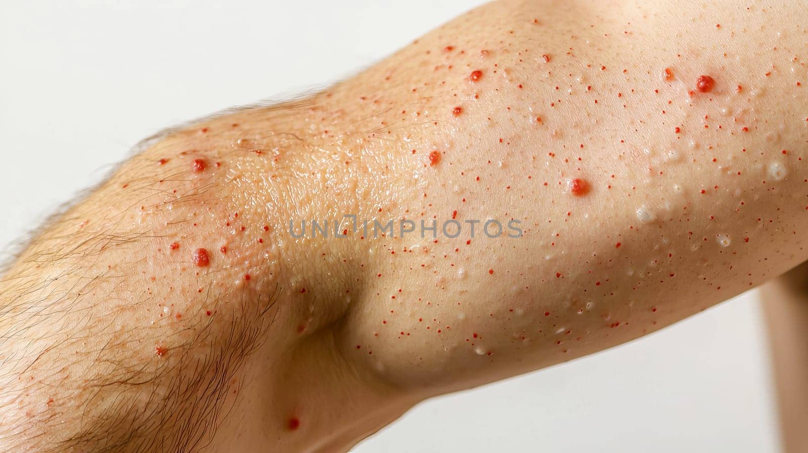 Close-up of male arm with red pustules. Monkeypox.