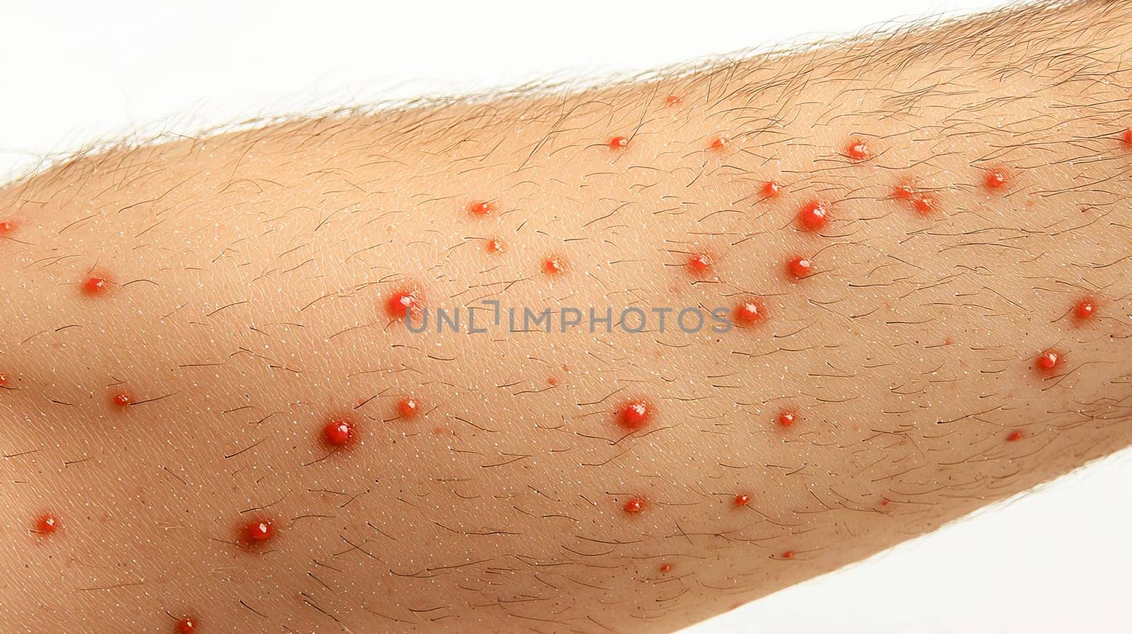 Close-up of male arm with red pustules. Monkeypox.