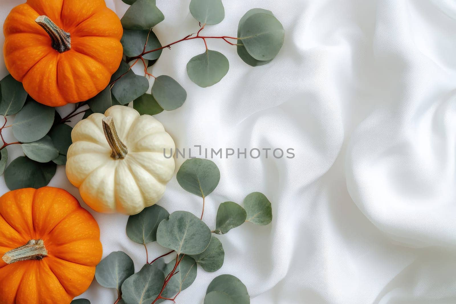 Three vibrant orange pumpkins are artfully arranged alongside eucalyptus leaves on a soft, white fabric, creating a cozy autumn atmosphere perfect for seasonal decor.
