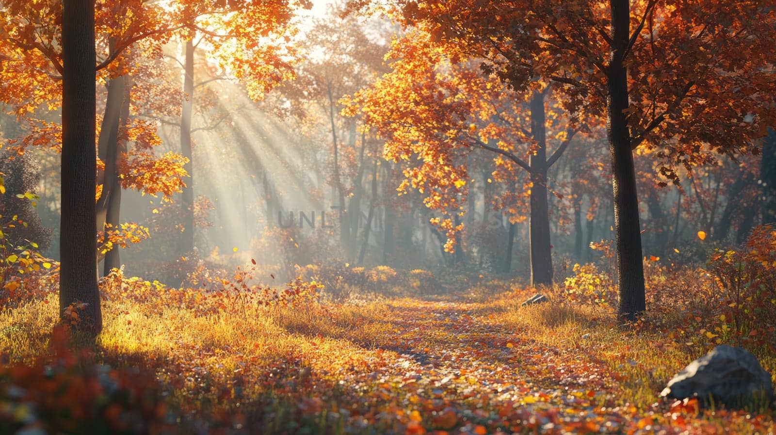 Sunlight casts a warm glow in a vibrant forest filled with autumn foliage. Leaves dance gently in the air, creating a picturesque pathway during mid-fall.