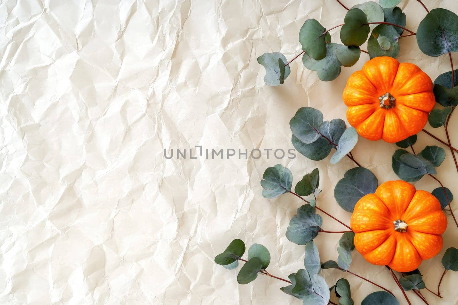 A beautiful arrangement showcases various pumpkins, cotton bolls, pinecones, and eucalyptus leaves framed on a soft background, reflecting the essence of autumn.