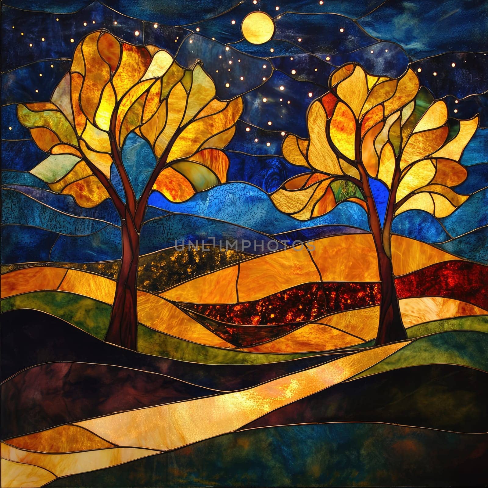 Vibrant stained glass artwork showcases intricately designed trees illuminated by a bright moon, surrounded by glimmering stars against a deep blue backdrop.