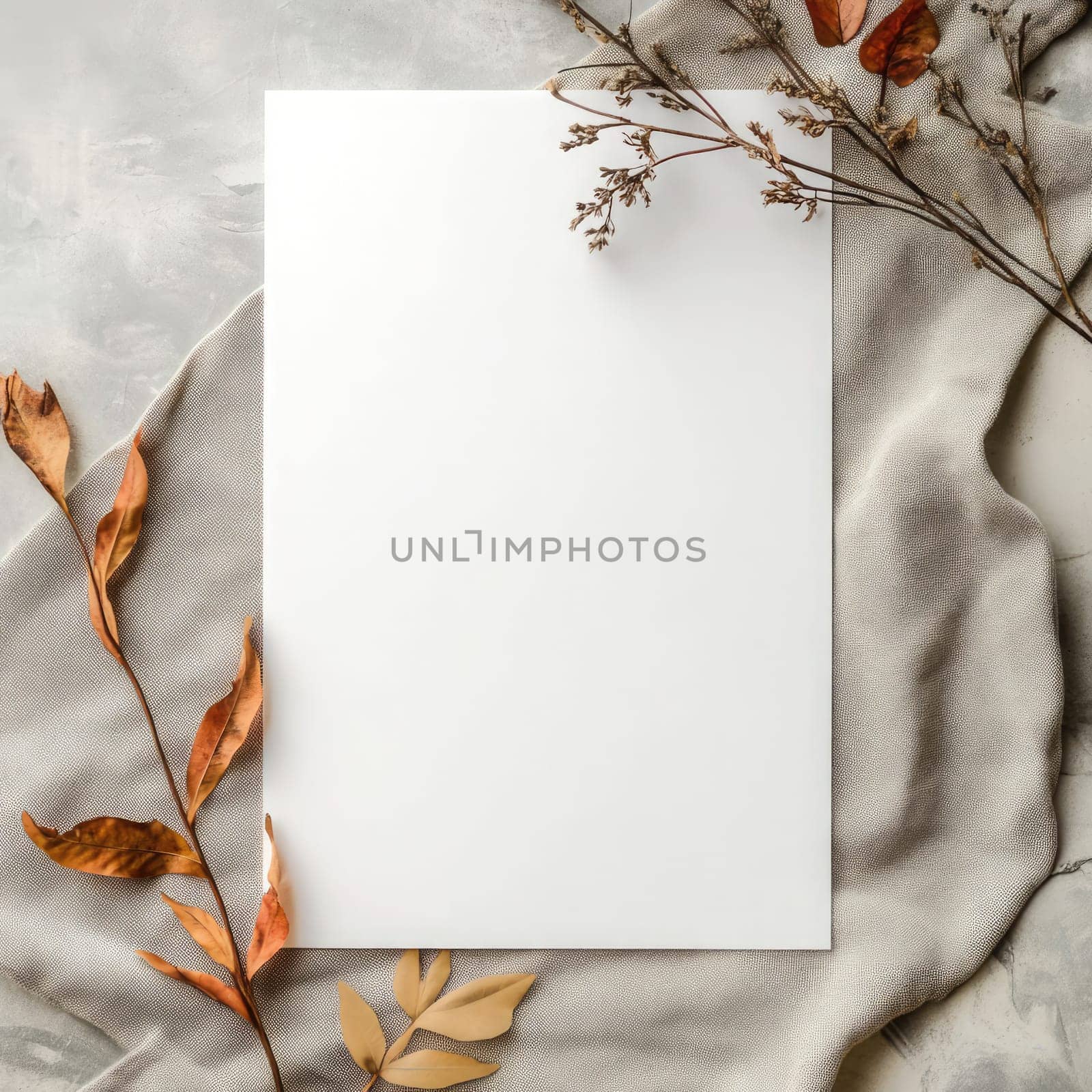 A piece of blank paper lies on a textured fabric backdrop surrounded by delicate dried flowers, creating an inviting space for writing or artistic projects.