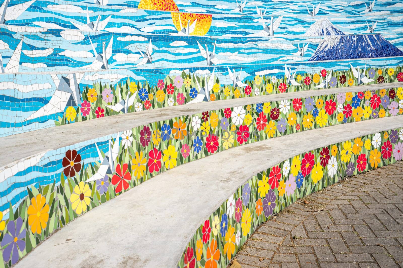 August 29, 2024. Rebeirao Pires, SP Brazil.
Mosaic artwork on the stairs at the Oriental Garden at Rebeiroa Pires.