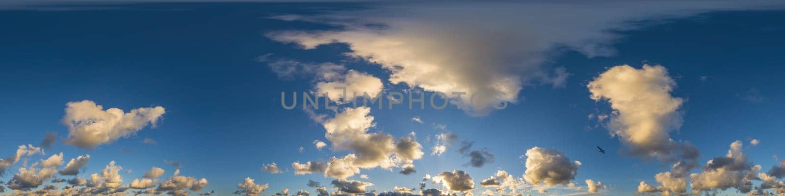 Sky panorama with Cirrus clouds in Seamless spherical equirectangular format. Full zenith for use in 3D graphics, game and editing aerial drone 360 degree panoramas for sky replacement