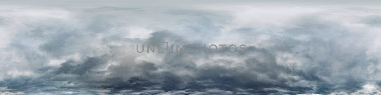 Dark moody rain clouds in dramatic overcast sky. Seamless 360 HDR spherical panorama. Full zenith or sky dome in 3D environment, sky replacement for aerial drone panoramas. Climate and weather change