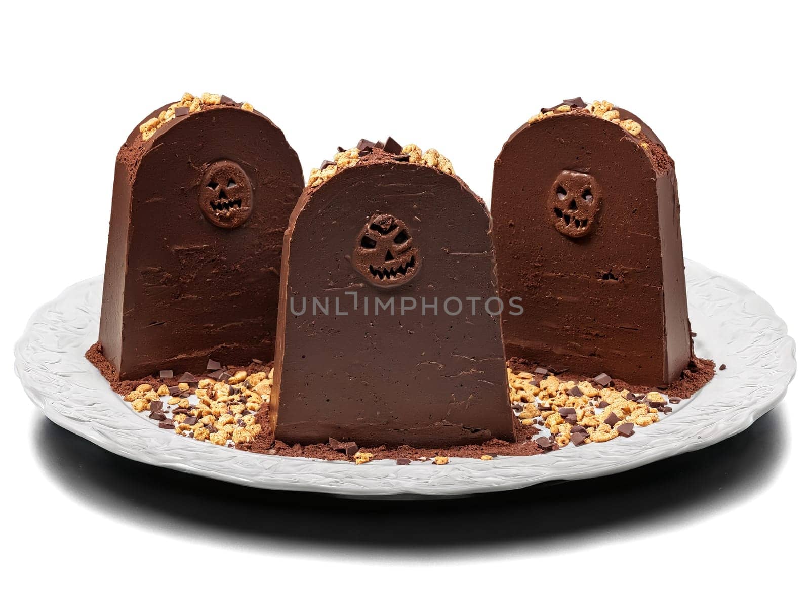 Halloween night graveyard chocolate mousse with cookie tombstones served on a transparent glass dish spooky. Food isolated on transparent background.