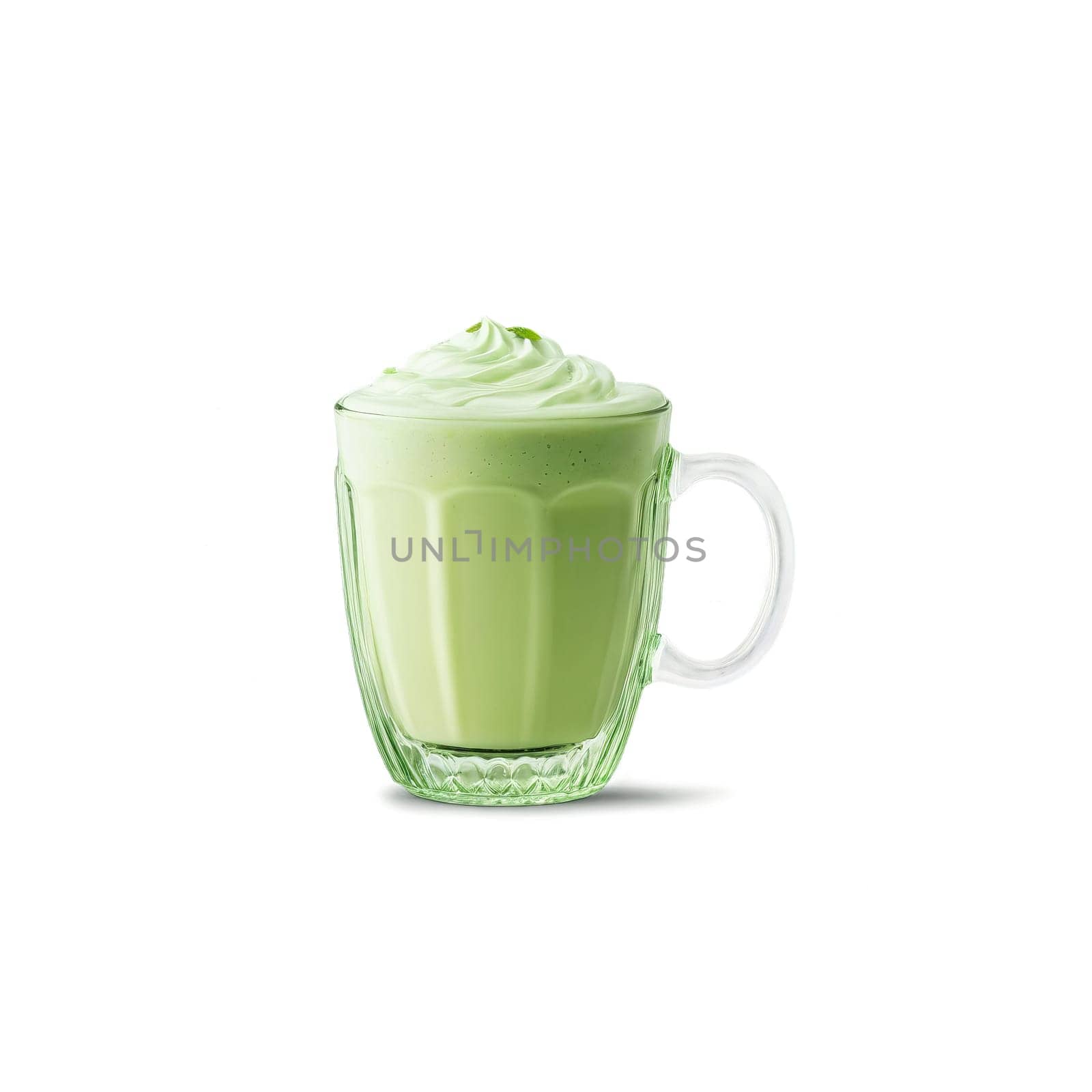 Vintage depression glass mug with a delicate green hue filled with a creamy matcha green. Drink isolated on transparent background