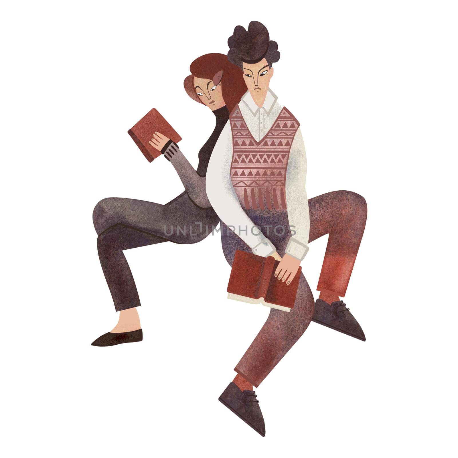Love of reading. Young couple dressed in vintage clothes. Boy and girl. 1960s style. University students with books. Calm and concentration. Characters hugging. Love and comfort. Isolated watercolor illustration.