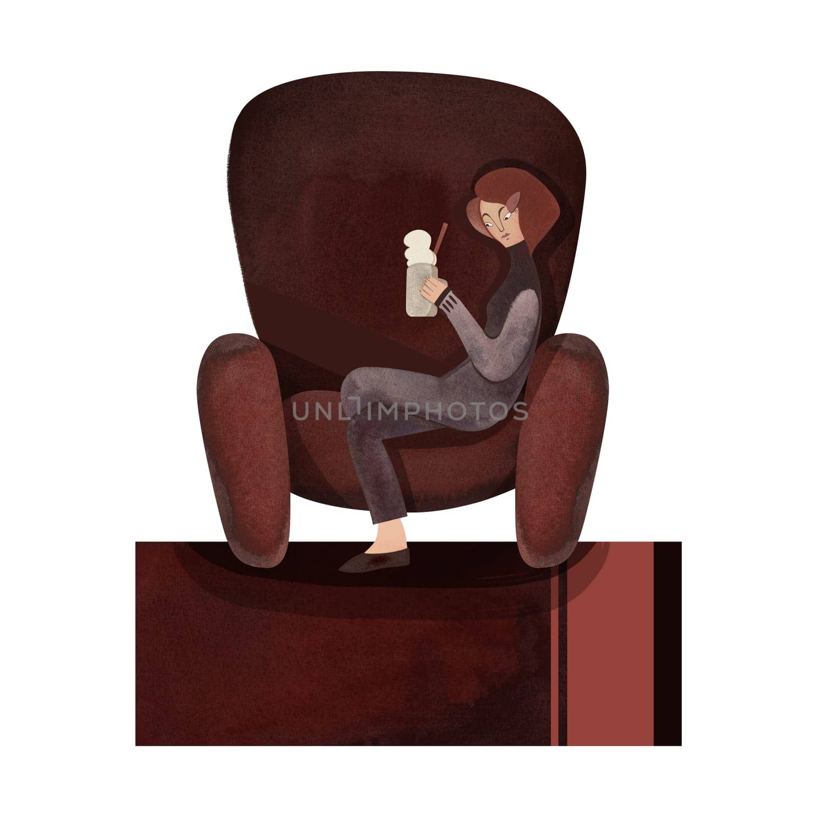Girl with a mug of cocoa sits in a brown vintage shabby chair on a carpet. The girl is wearing a black turtleneck, skinny pants and ballet flats. Cozy interior scene with a character. Watercolor isolated illustration on a white background