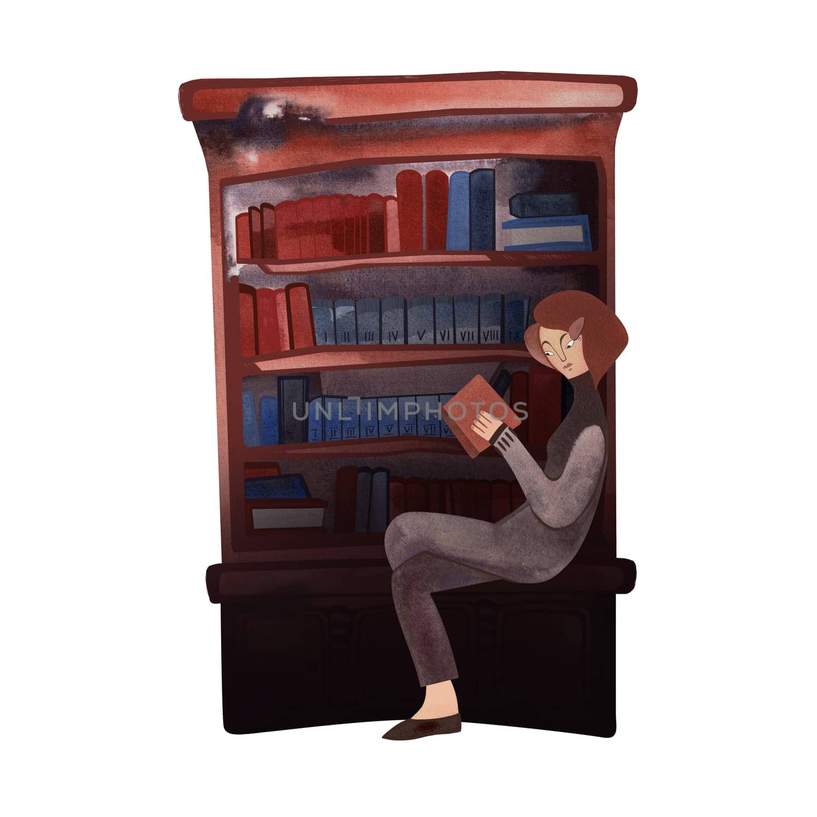 Girl dressed in vintage clothes near bookshelves in library or bookstore. 1960s style. University student with books. Calm and concentrated. Isolated watercolor illustration