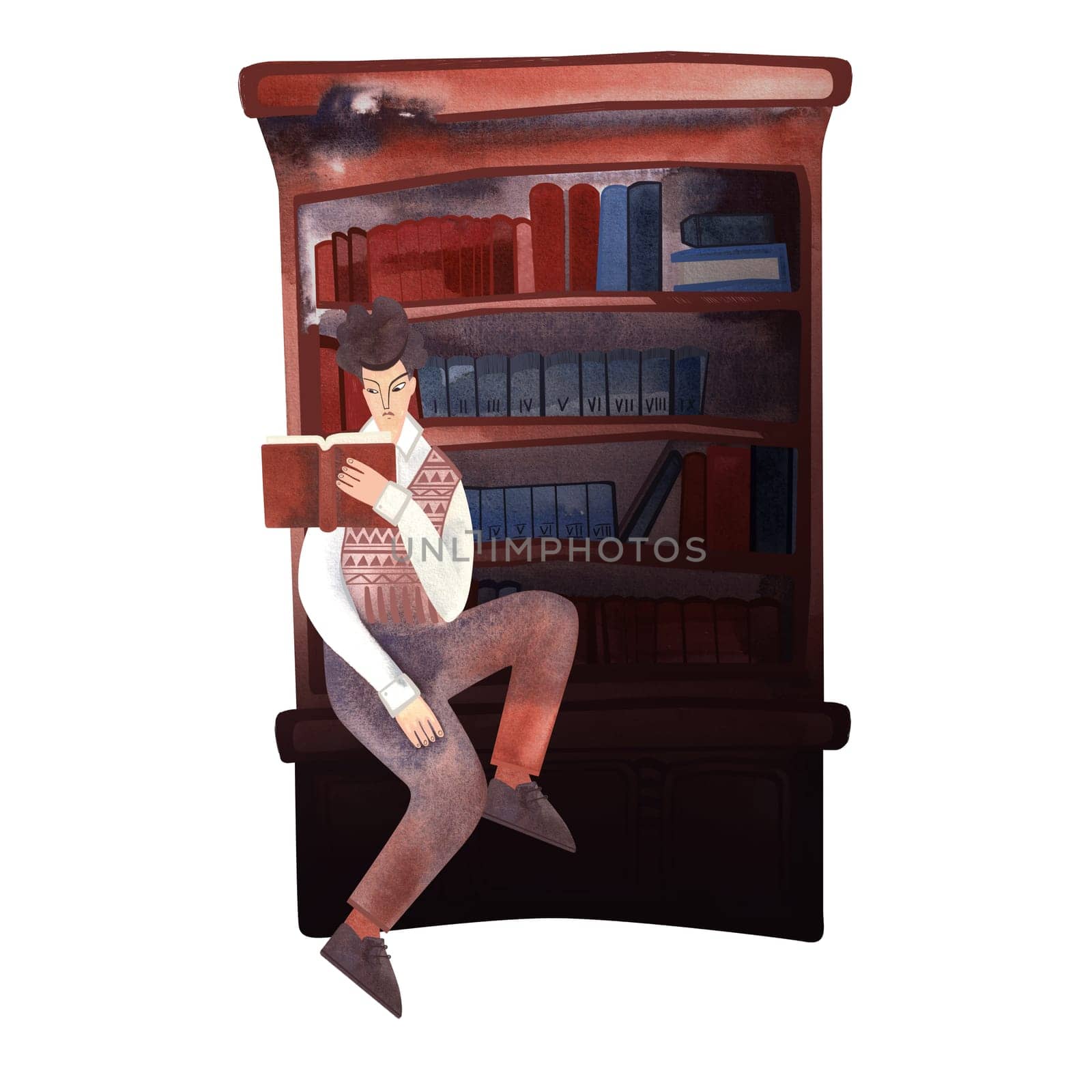 Reading young white man with dark curly hair wearing vintage knitted vest and brown corduroy trousers near bookshelves in library or bookstore. 1960s style. University student with book. Calm and concentrated. Character. Isolated watercolor illustration