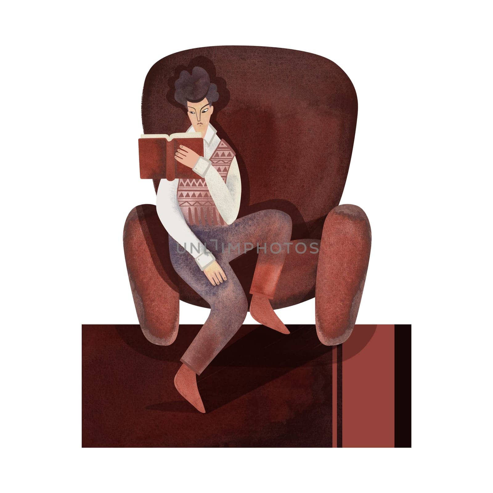 Reading young white man with dark curly hair wearing vintage knitted vest and brown corduroy trousers in brown shabby chair. 1960s style. University student with book. Calm and concentrated. Character. Isolated watercolor illustration