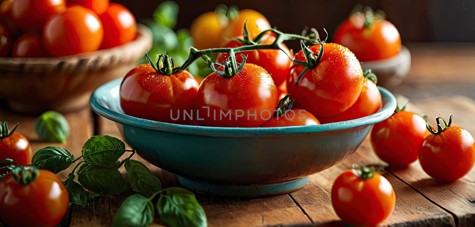 Red tomatoes on rustic wooden table, Water droplets suggest farm-to-table freshness of organic produce.