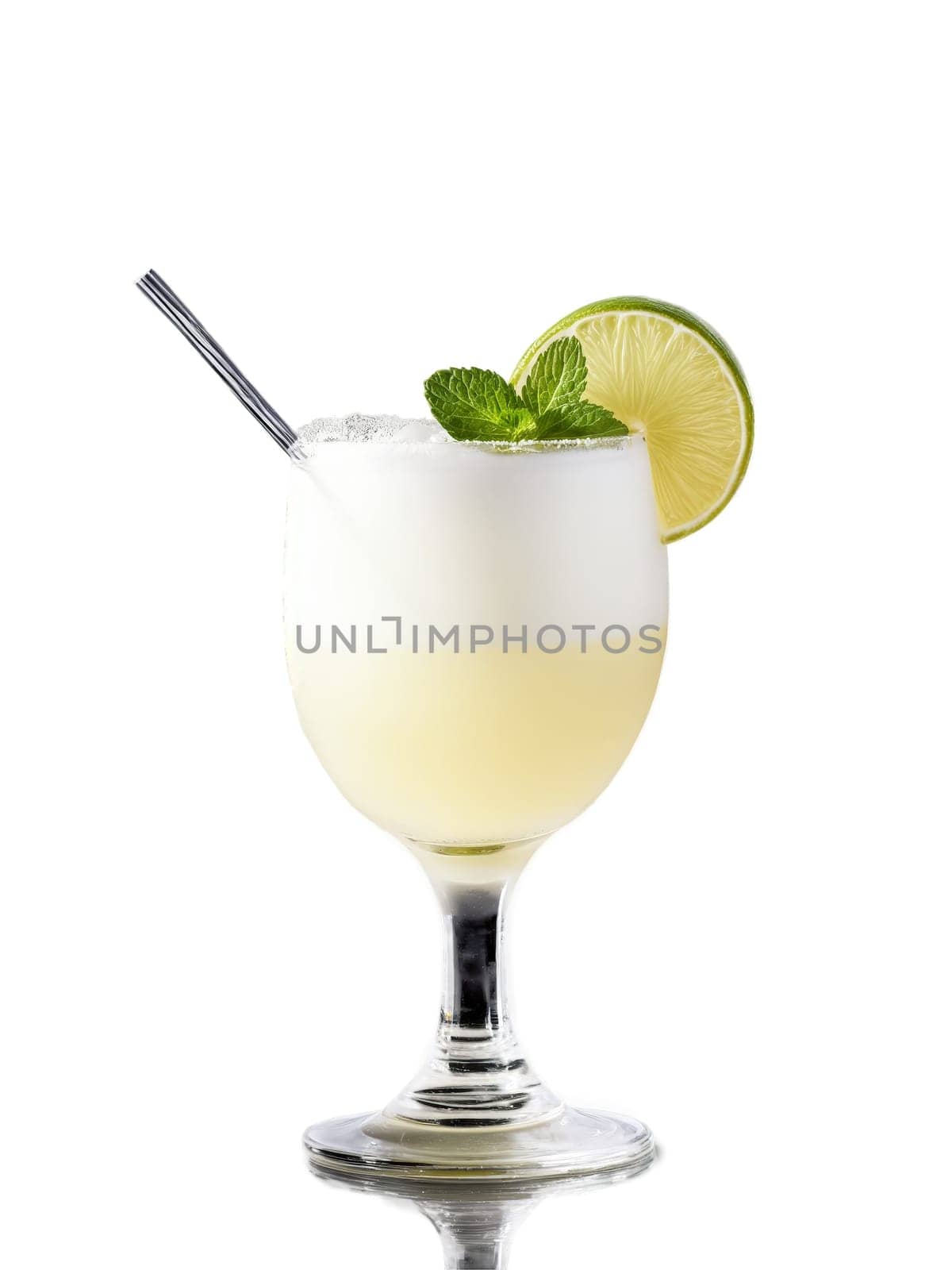 Chilean Pisco Sour with slice of lime and sprig of mint in cocktail glass. Drink isolated on transparent background.