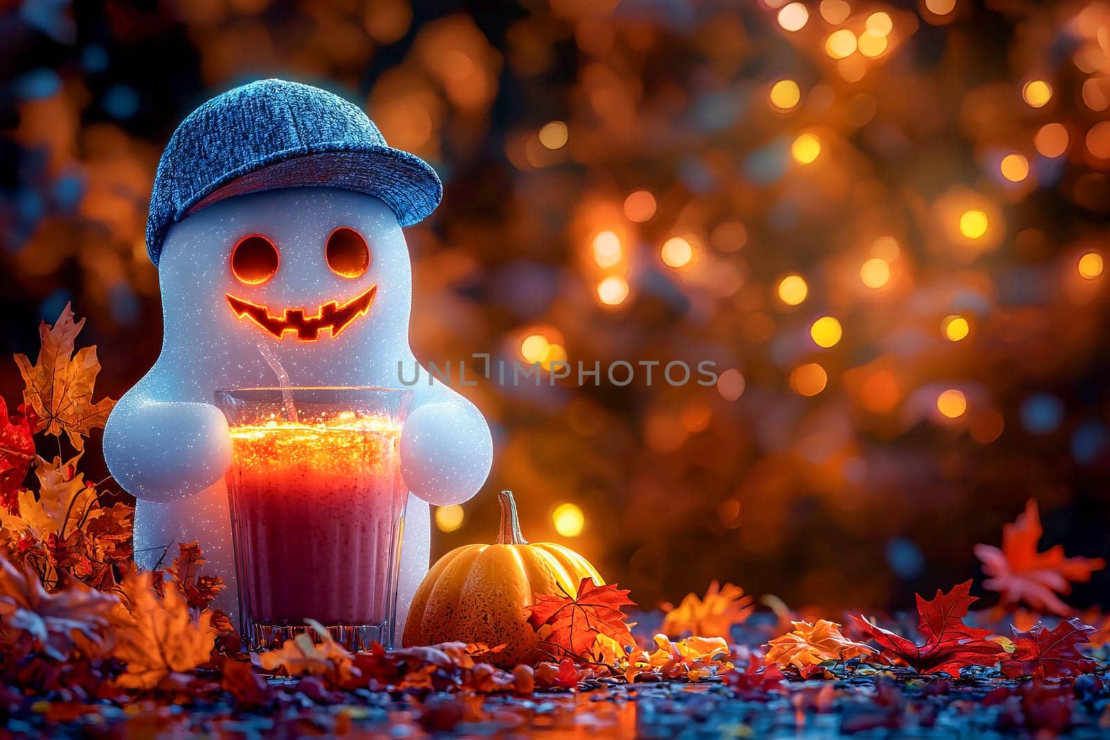 Neon Halloween ghost with a glass of smoothie.