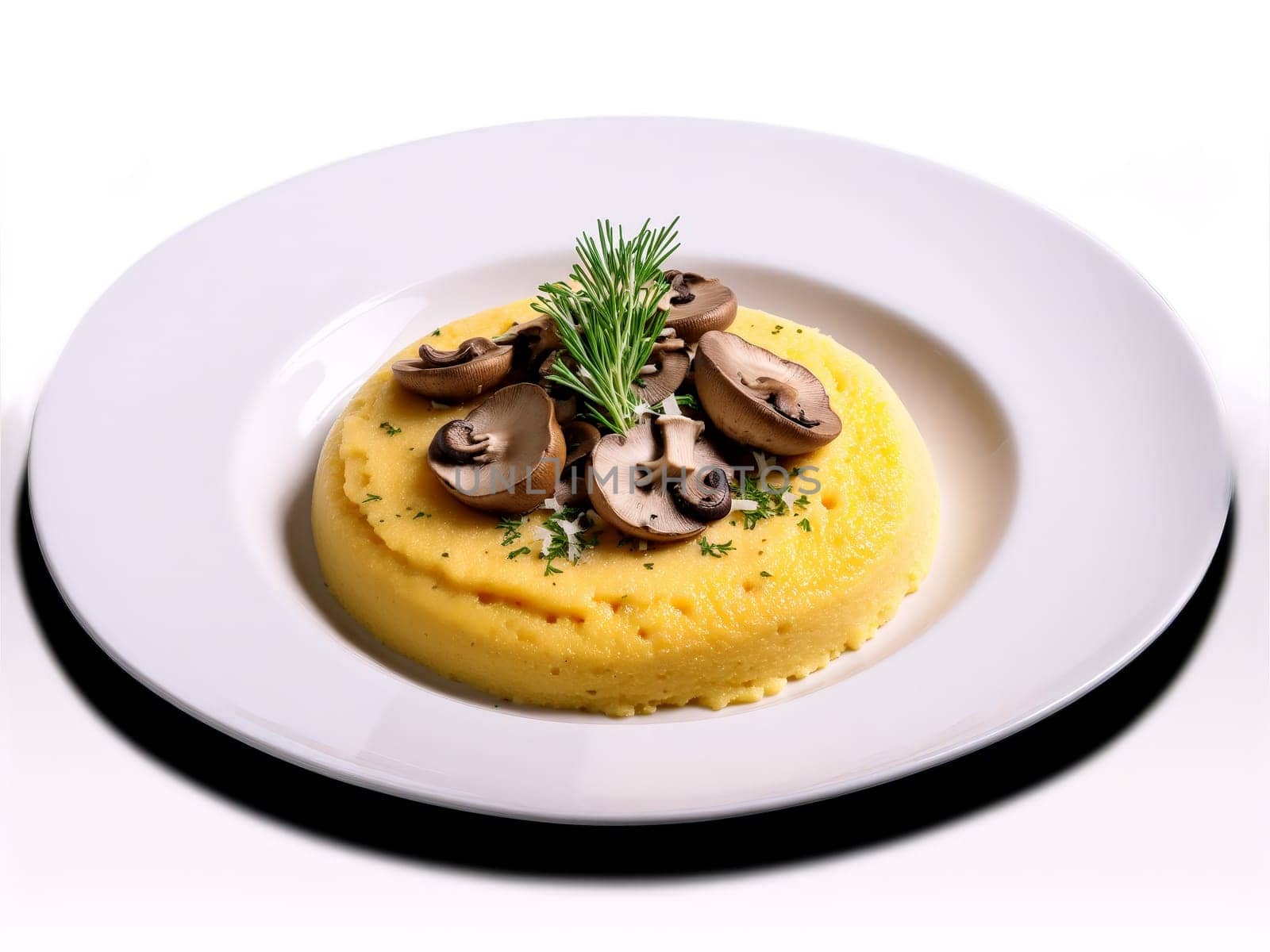 Polenta with mushrooms parmesan and herbs. Food isolated on transparent background.