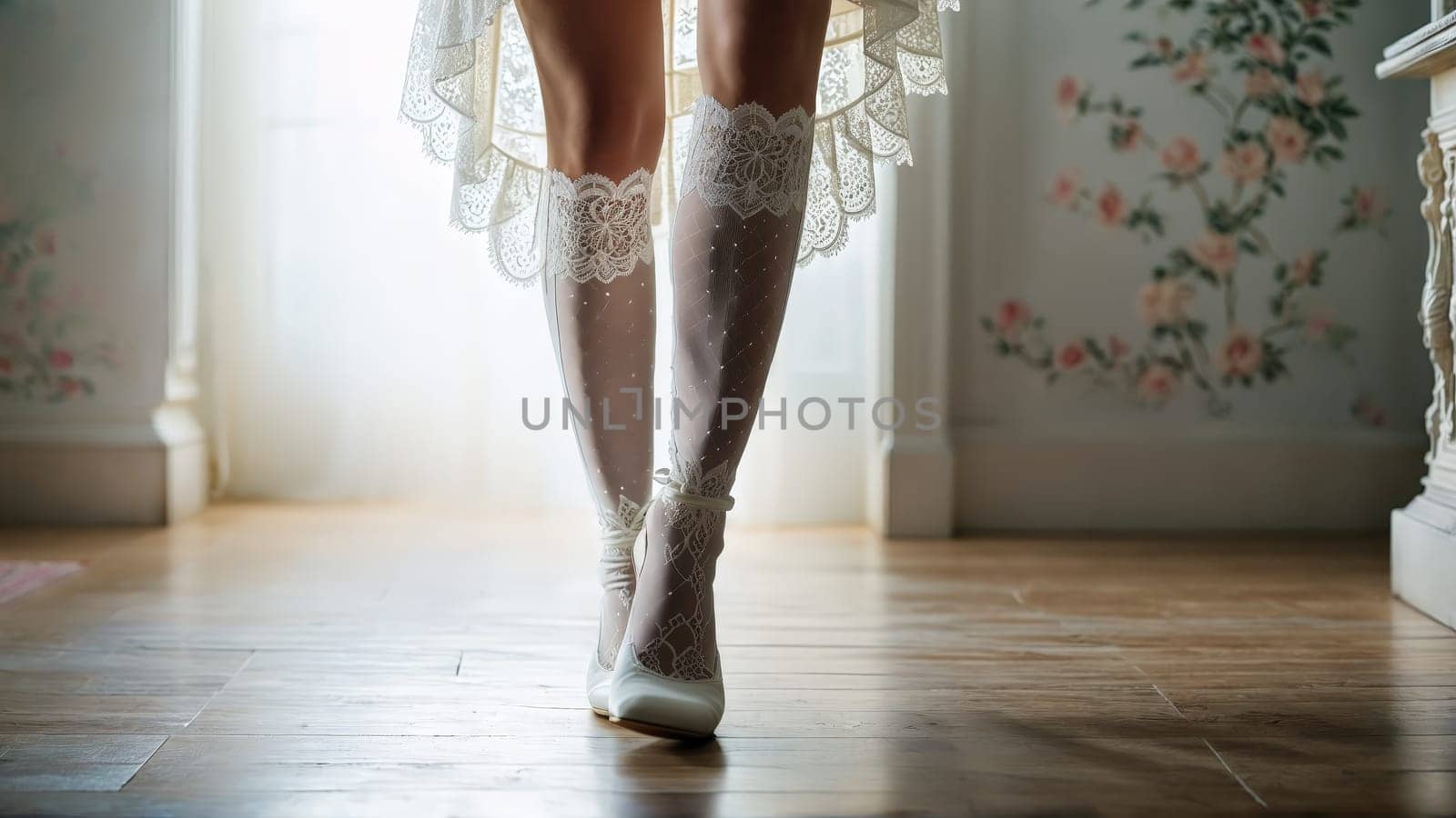 Lingerie model s lower body and long legs in white lace stockings walking gracefully diverse.