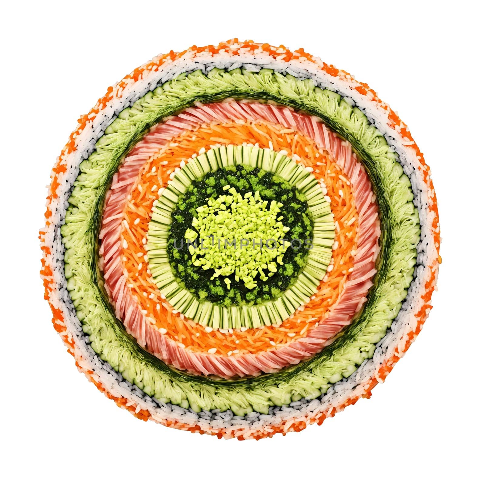 Vegetable sushi roll mandala a colorful circular design of vegetable sushi rolls with soy sauce. Food isolated on transparent background.