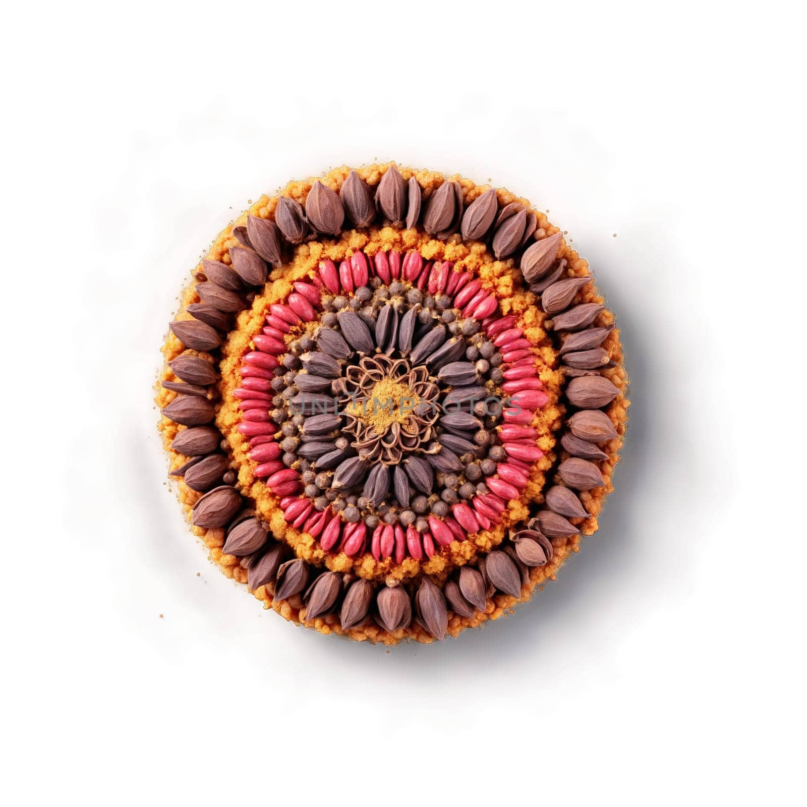 Allspice mandala a warm circular design of allspice berries with powder grinding and steam rising. Food isolated on transparent background.