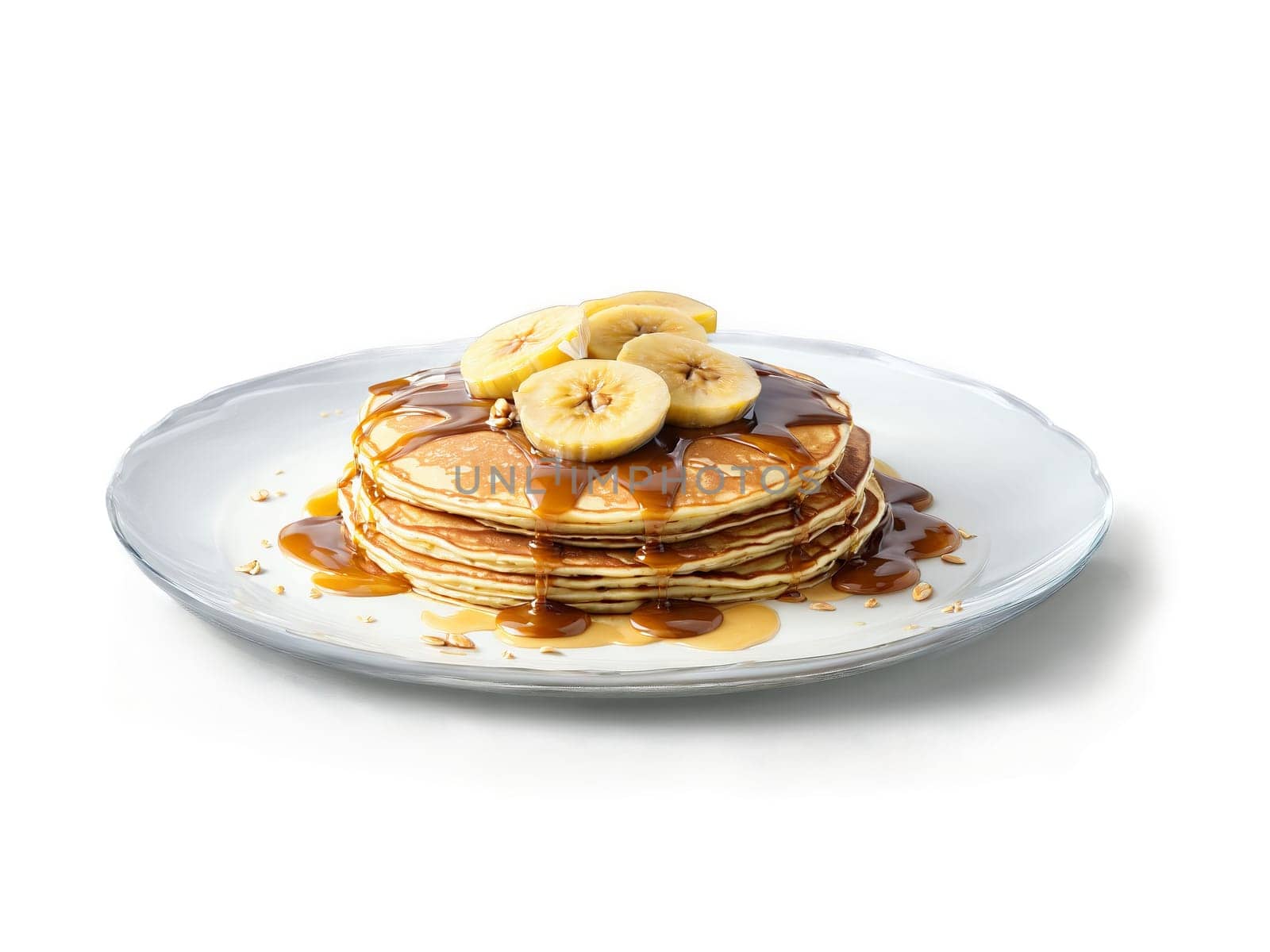 Pancakes buttermilk with caramelized bananas and a dollop of nut butter on a transparent glass. Food isolated on transparent background.