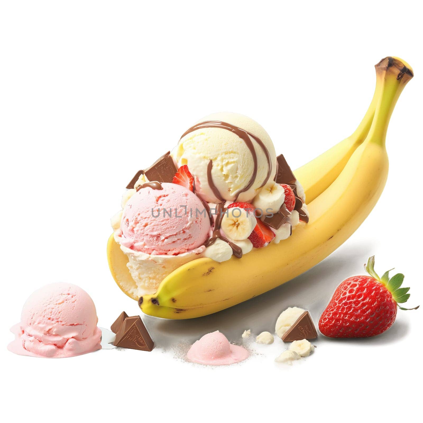 Banana split ripe banana scoops of vanilla chocolate and strawberry ice cream toppings galore Summer. close-up food, isolated on transparent background