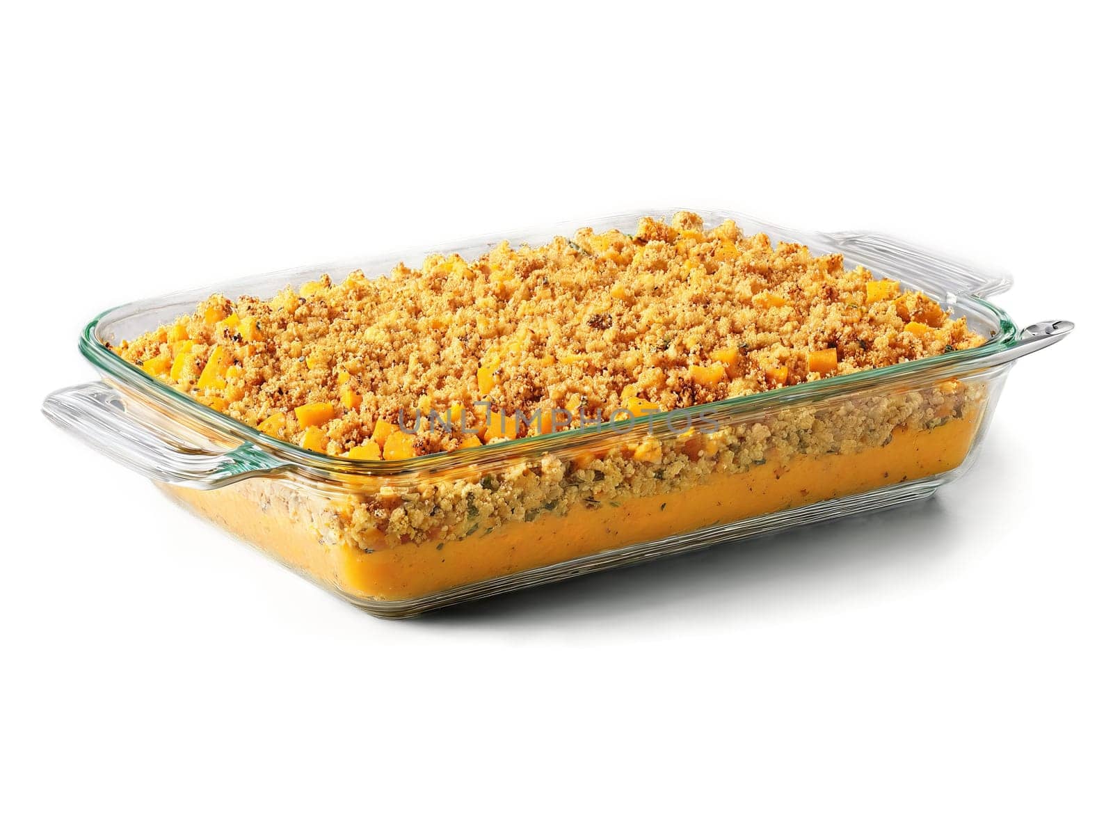 Autumn casserole butternut squash and sage with a breadcrumb topping served in a transparent glass. Food isolated on transparent background.