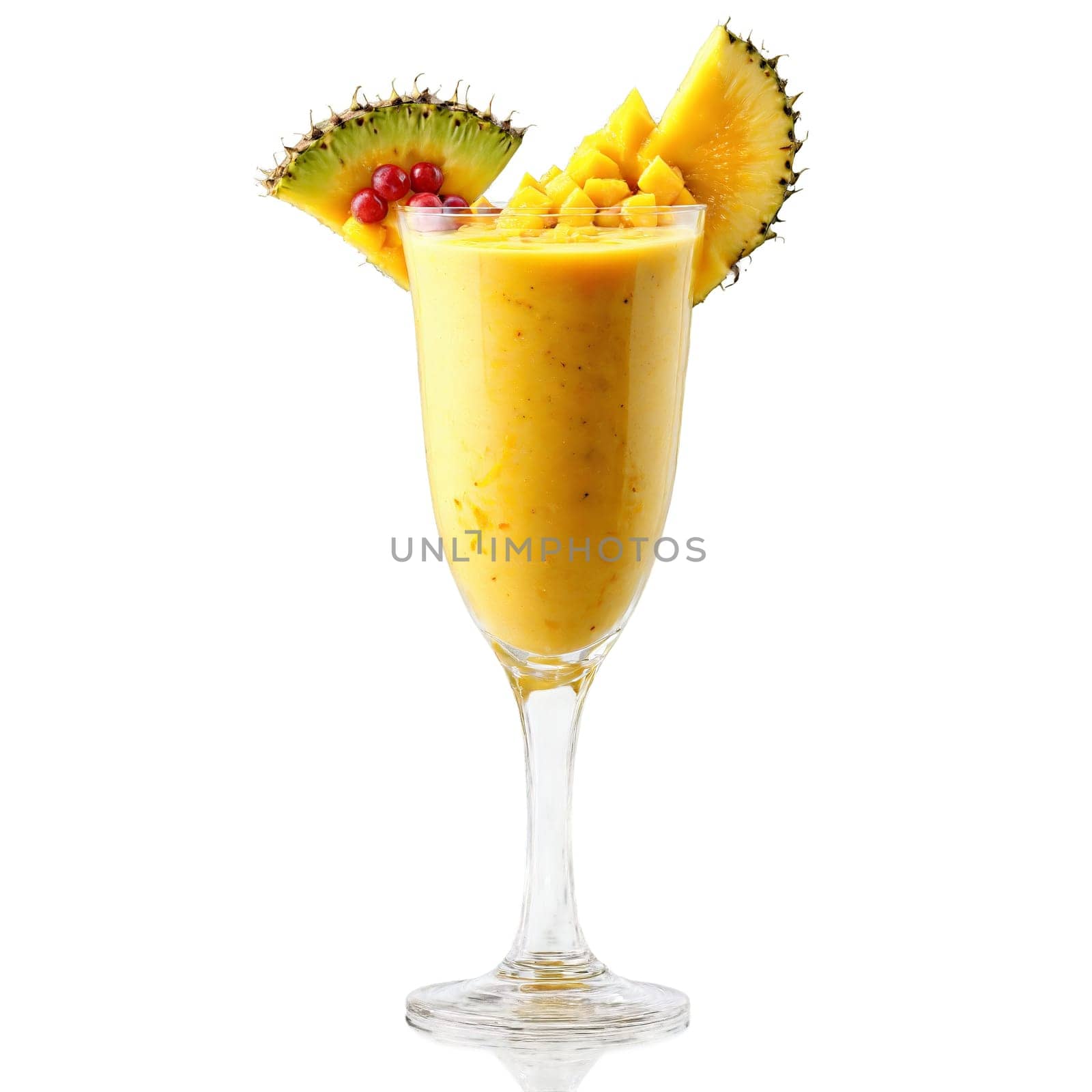 Fruit smoothie with mango pineapple and passion fruit exploding from glass Food and culinary concept. Food isolated on transparent background.