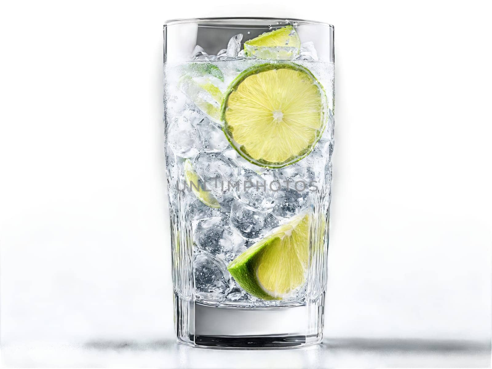 Gin and Tonic A tall glass with sparkling clear liquid lime wedge and ice with. Drink isolated on transparent background.