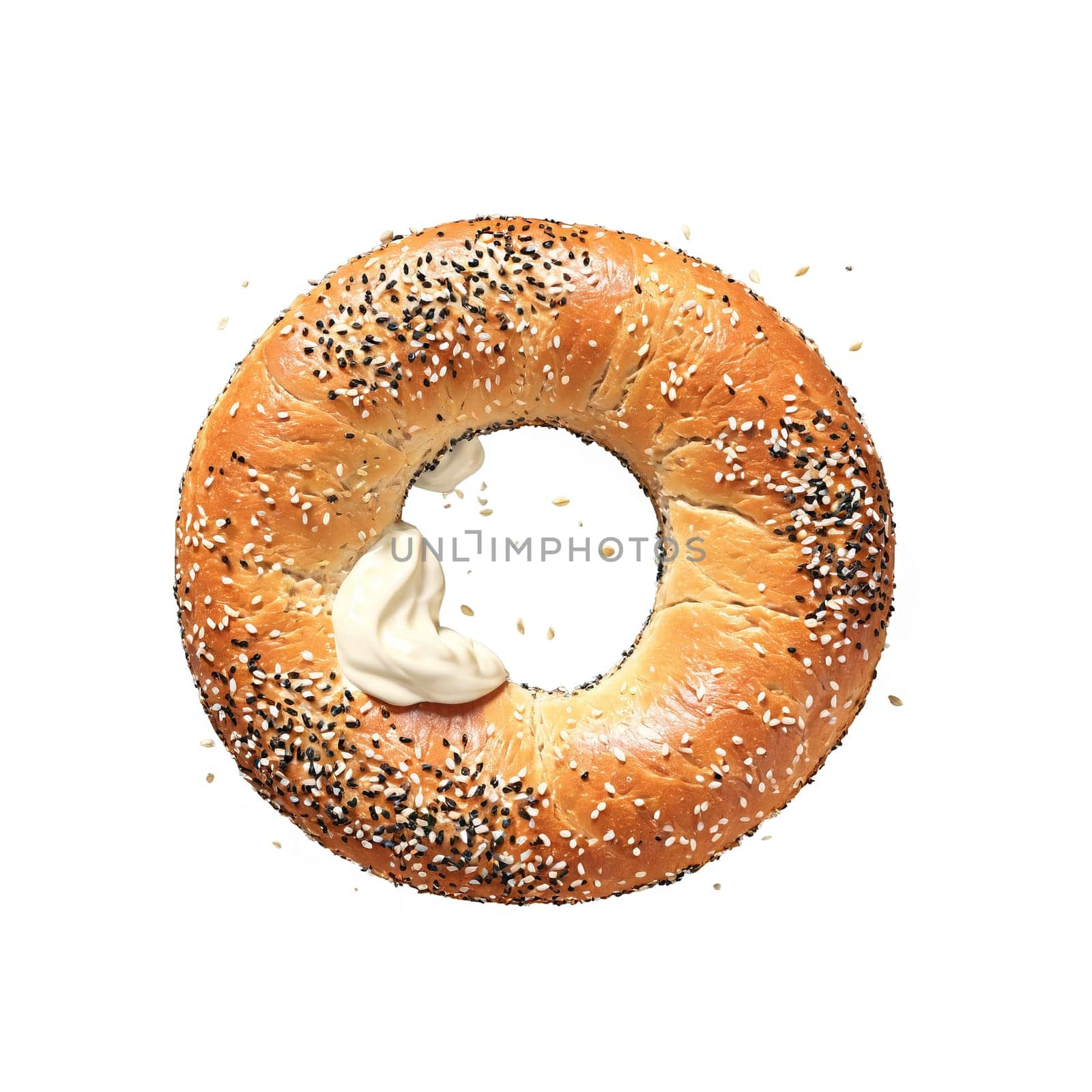 Poppy seed bagel seeds scattering cream cheese spreading steam swirling Food and Culinary concept. Food isolated on transparent background.