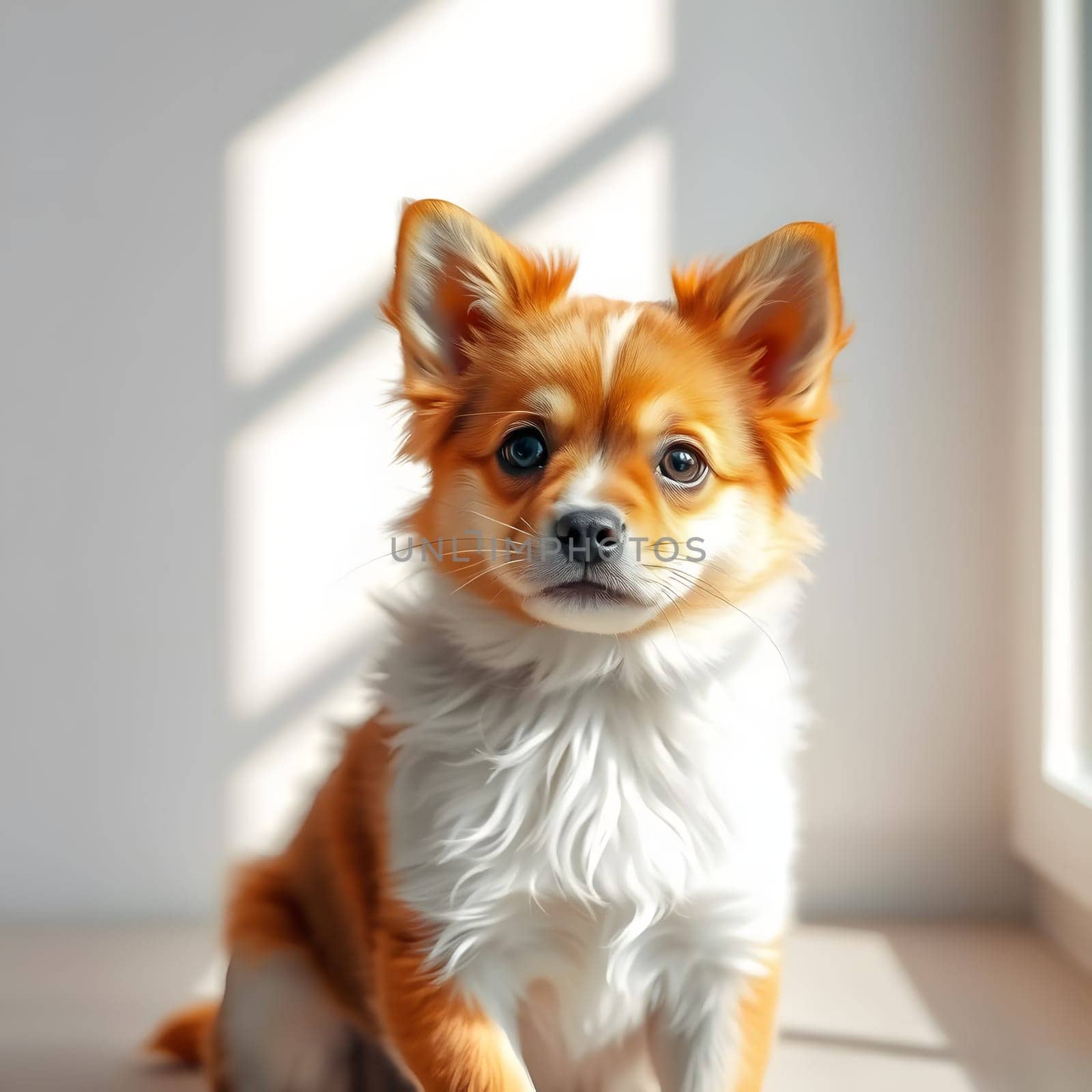 A small dog with orange and white fur sits still, gazing curiously at the camera. Sunlight floods the room, creating soft shadows against the wall and highlighting the dog's features.