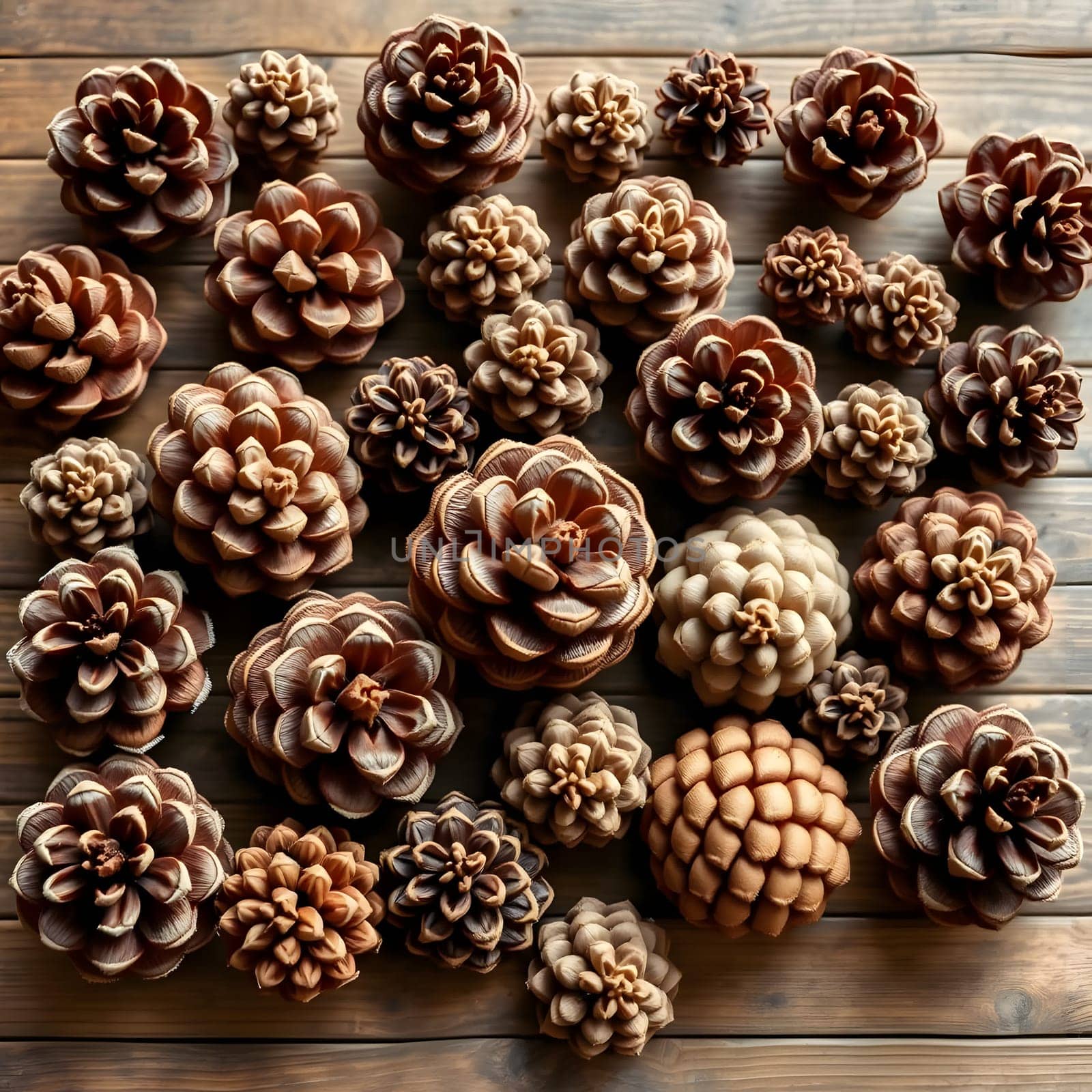 A collection of diverse pine cones showcases intricate designs and natural colors, beautifully arranged on a rustic wooden surface, creating an aesthetic display of nature's artwork.