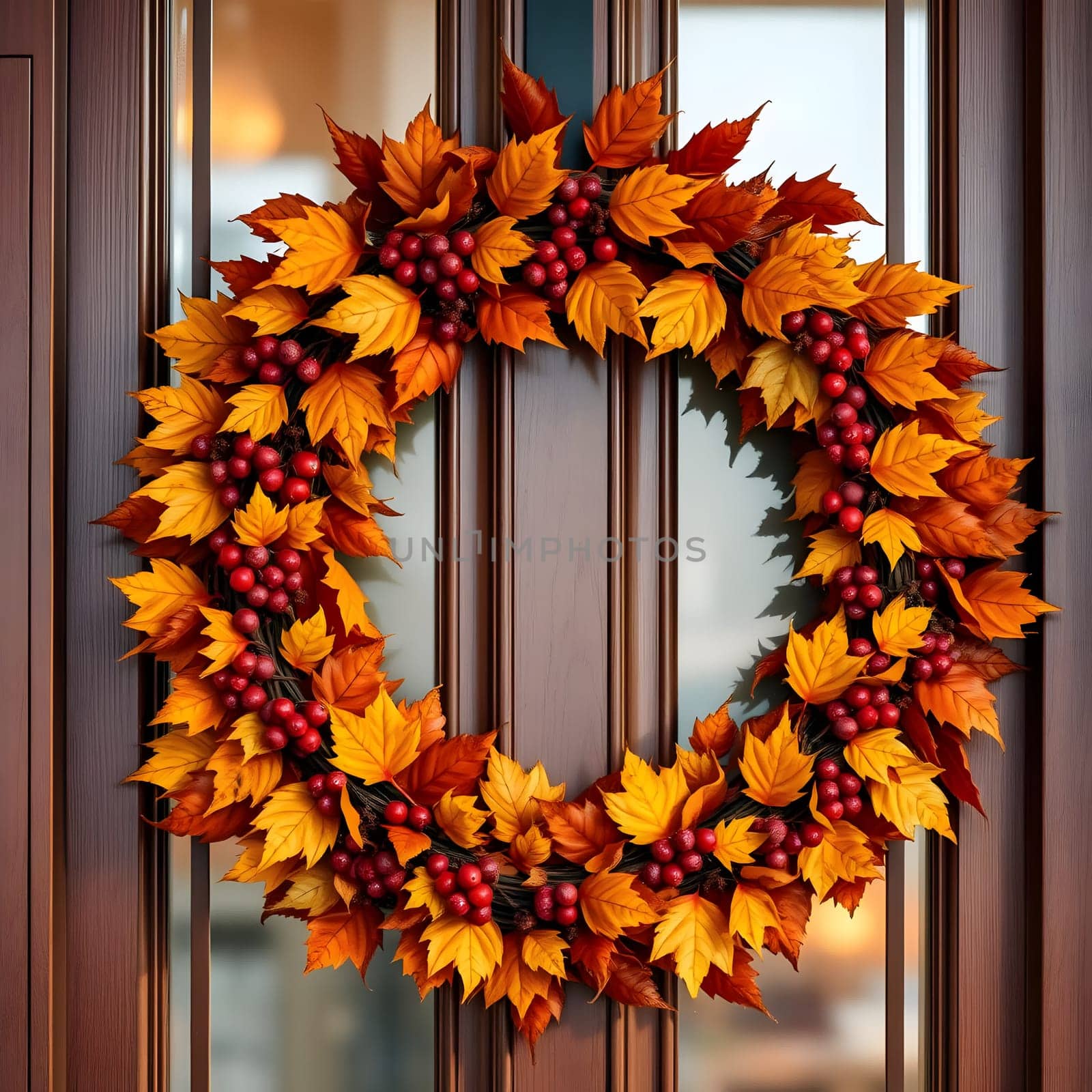 A vibrant autumn wreath crafted from orange and yellow leaves, adorned with red berries, hangs beautifully on a wooden door, adding a warm welcome for the season.