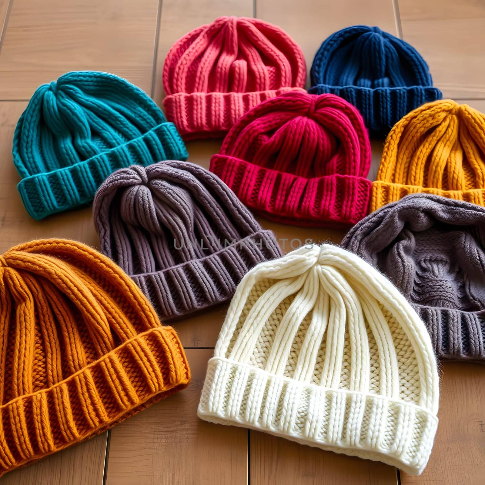 A variety of knitted beanies in different colors are arranged neatly on a wooden surface. The cozy hats showcase intricate patterns and textures, perfect for the cold weather.