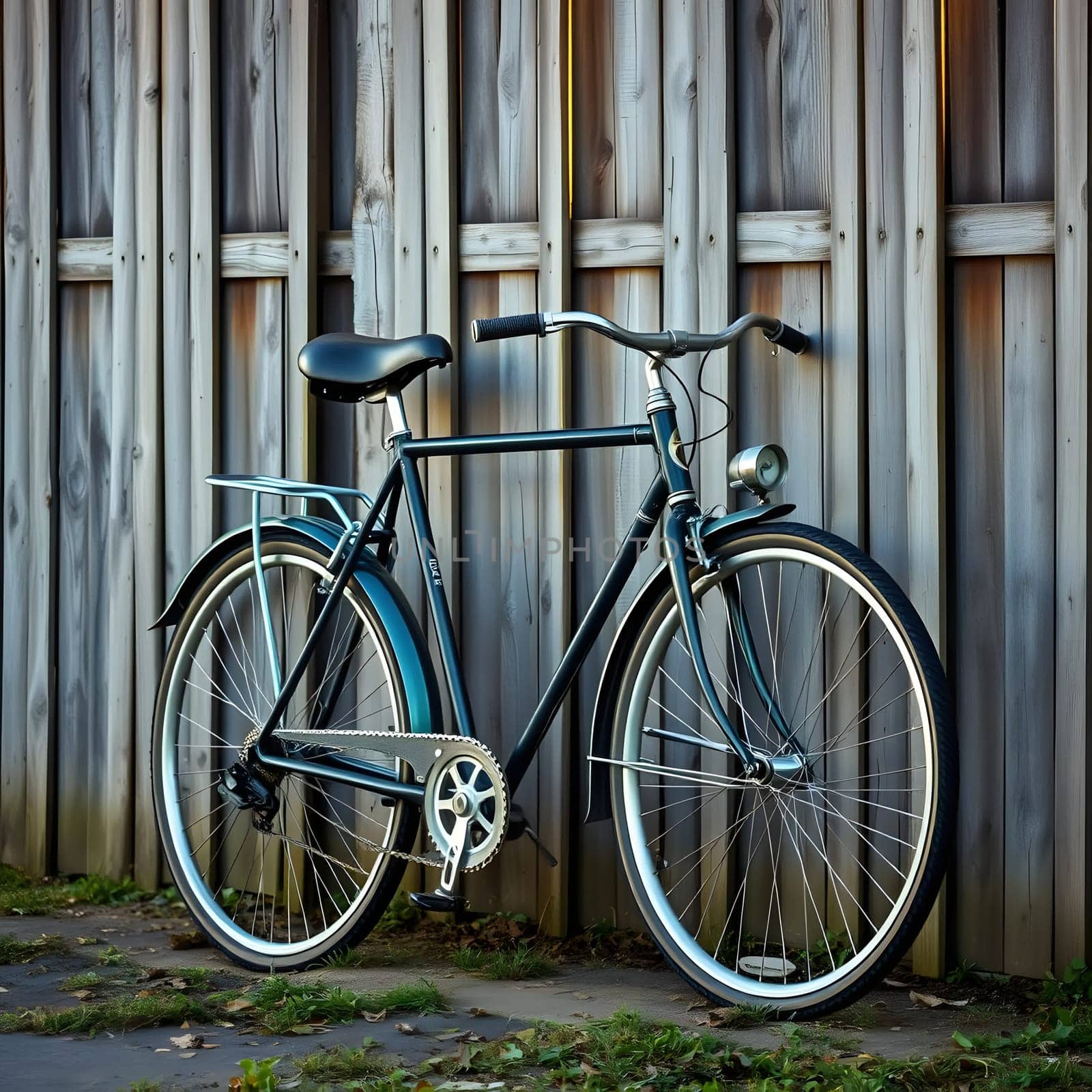 A classic bicycle stands against a wooden fence under bright sunlight, showcasing its elegant design and vibrant colors. The scene evokes a sense of nostalgia and tranquility.