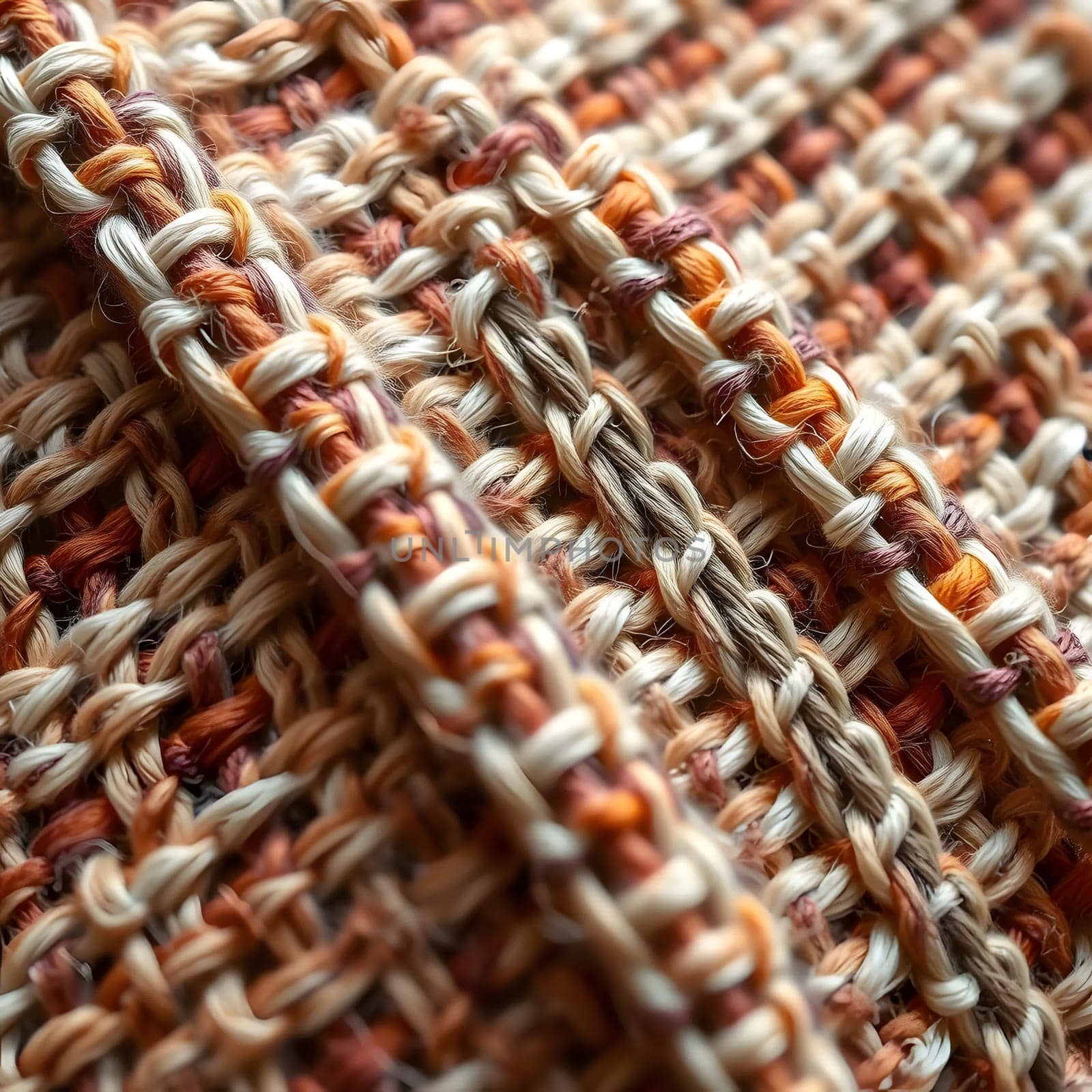 This close-up captures a woven fabric rich in warm colors, revealing the intricate patterns and textures formed by varied threads