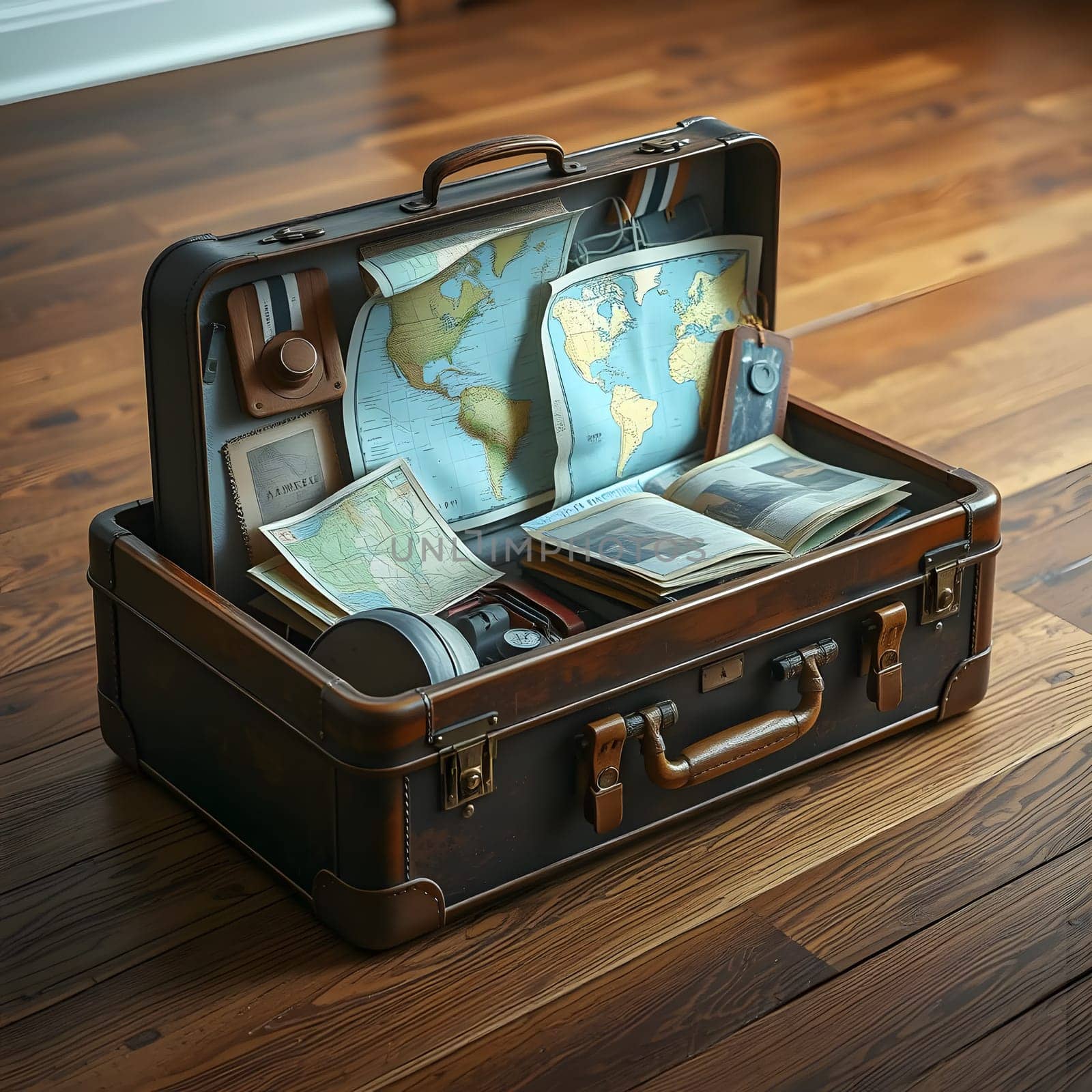 An old leather suitcase is open on a wooden floor, revealing vintage maps, travel guides, and a camera, evoking a sense of adventure and exploration through time.