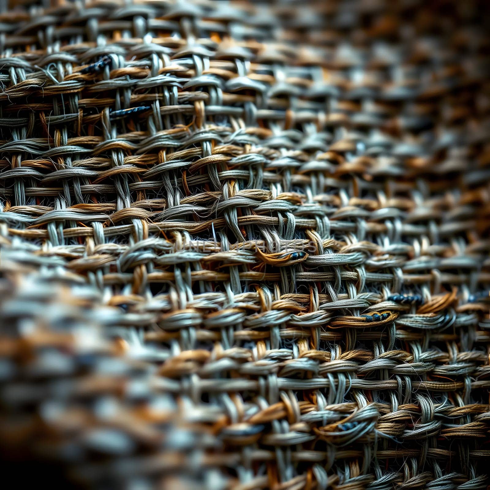 This textile features a detailed close-up of woven fibers in complex patterns. The interlacing threads create a textured appearance, showcasing the craftsmanship and material variation.