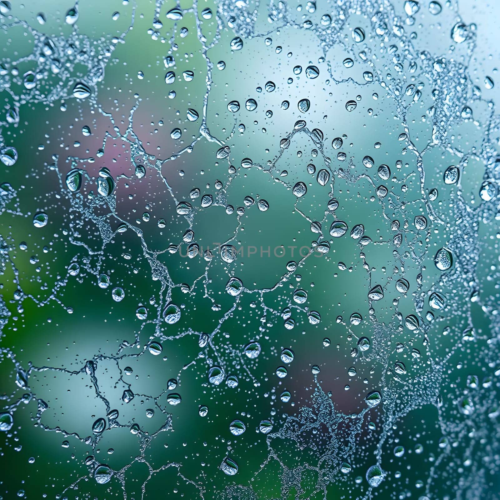 Raindrops form beautiful patterns on a glass surface, while lush greenery fades into a soft blur in the background, capturing the essence of a rainy day.