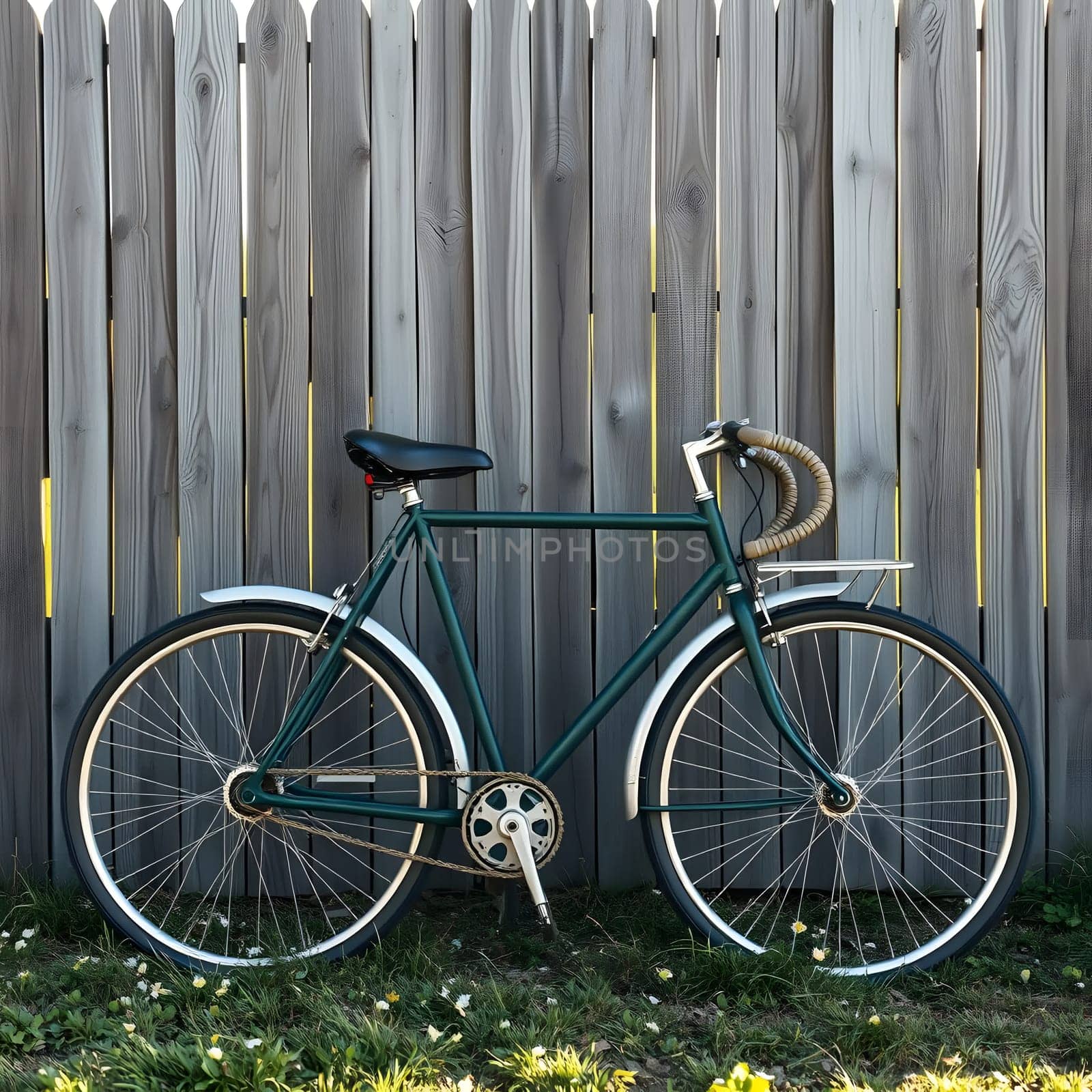 A classic vintage bicycle stands against a weathered wooden fence. The bike features a comfortable seat, handlebars wrapped in leather, and is set in a grassy area under bright sunlight.