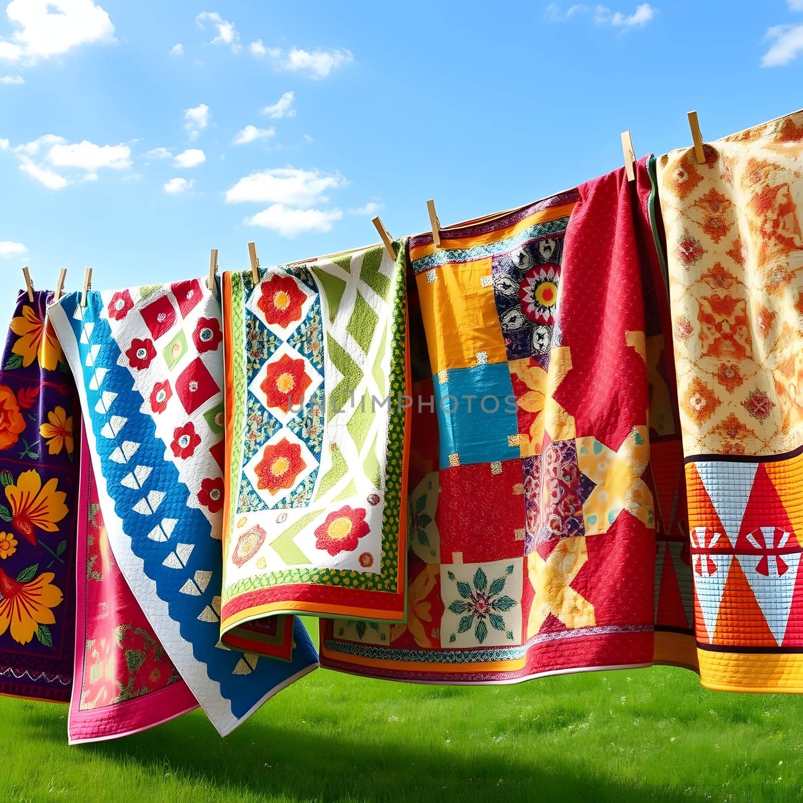 Vibrant quilts hang on a clothesline, fluttering gently in the breeze under a clear blue sky. The sunny day enhances the colors and patterns of each unique quilt.