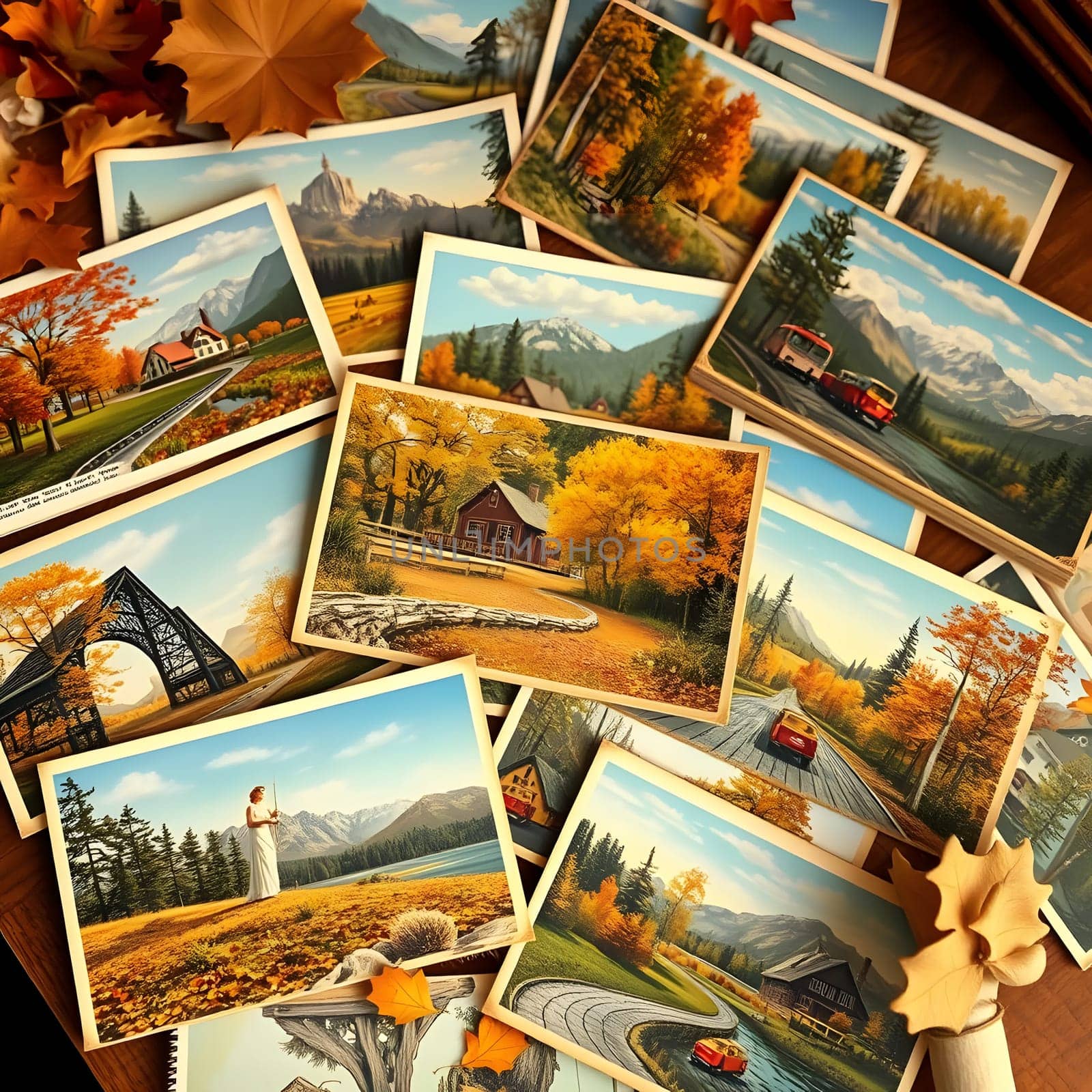 A collection of colorful autumn landscape postcards is arranged on a rustic wooden table