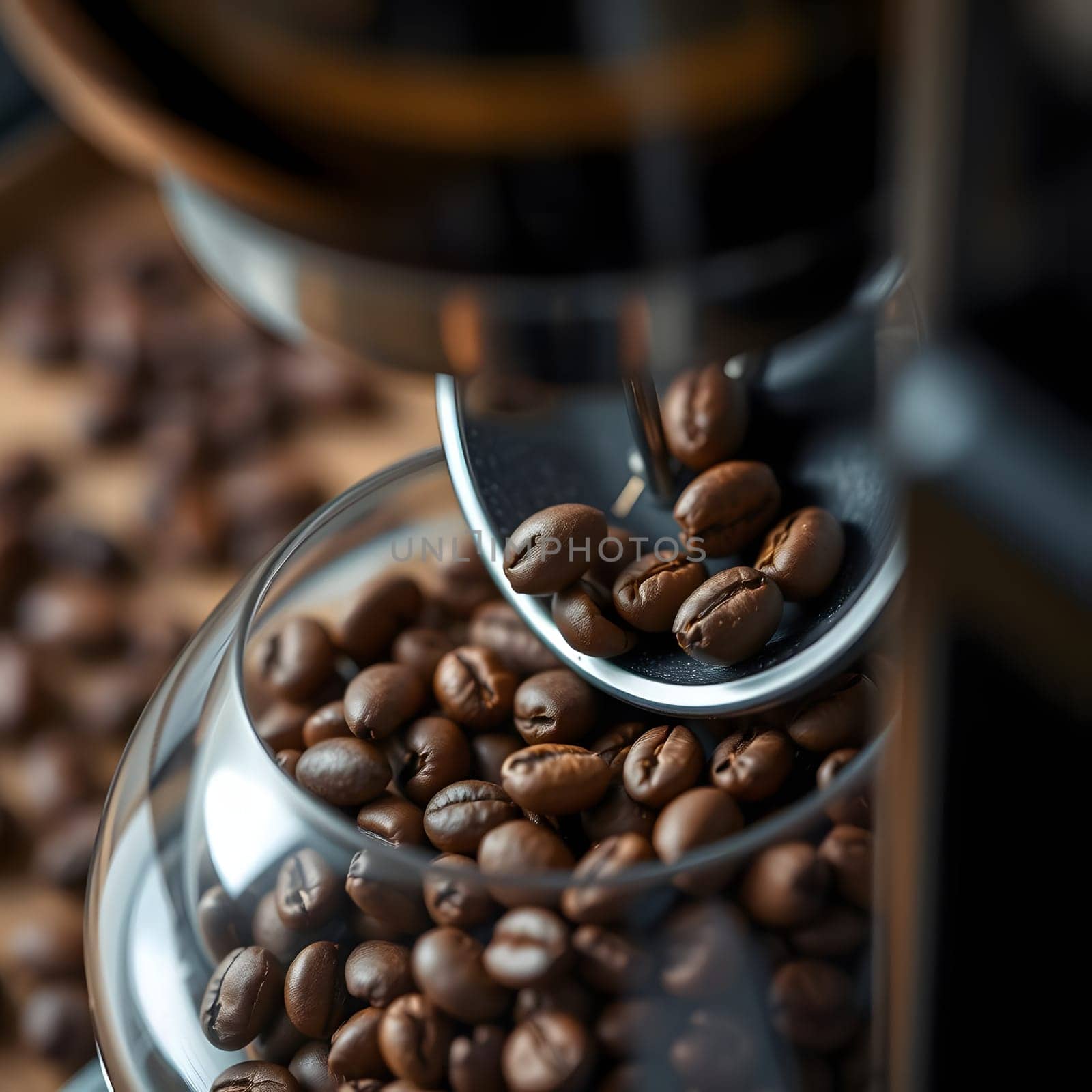 Dark, aromatic coffee beans are being carefully scooped from a glass container as part of the coffee preparation process. The scene captures the essence of a coffee lover's ritual in a cozy kitchen.